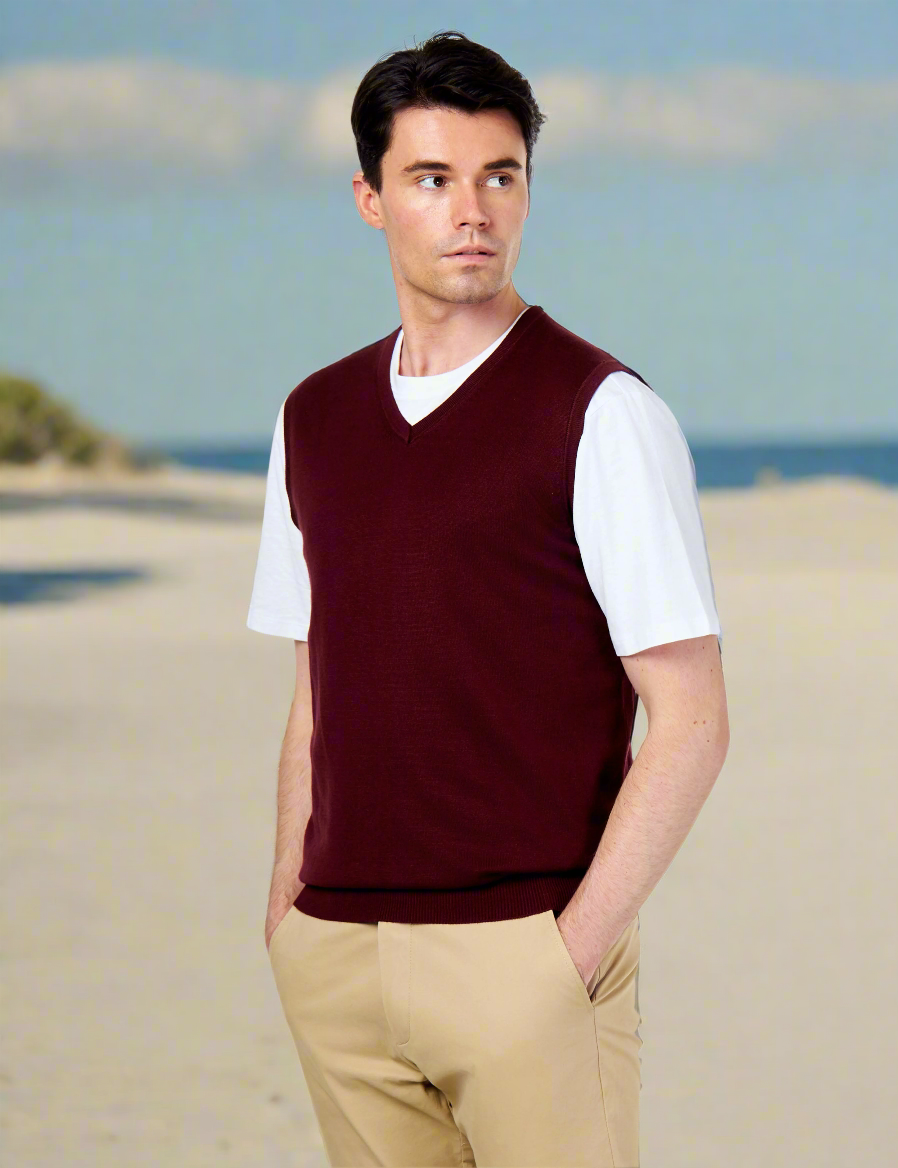 KNITTED COTTON MAROON SLEEVELESS JUMPER V-NECK VEST