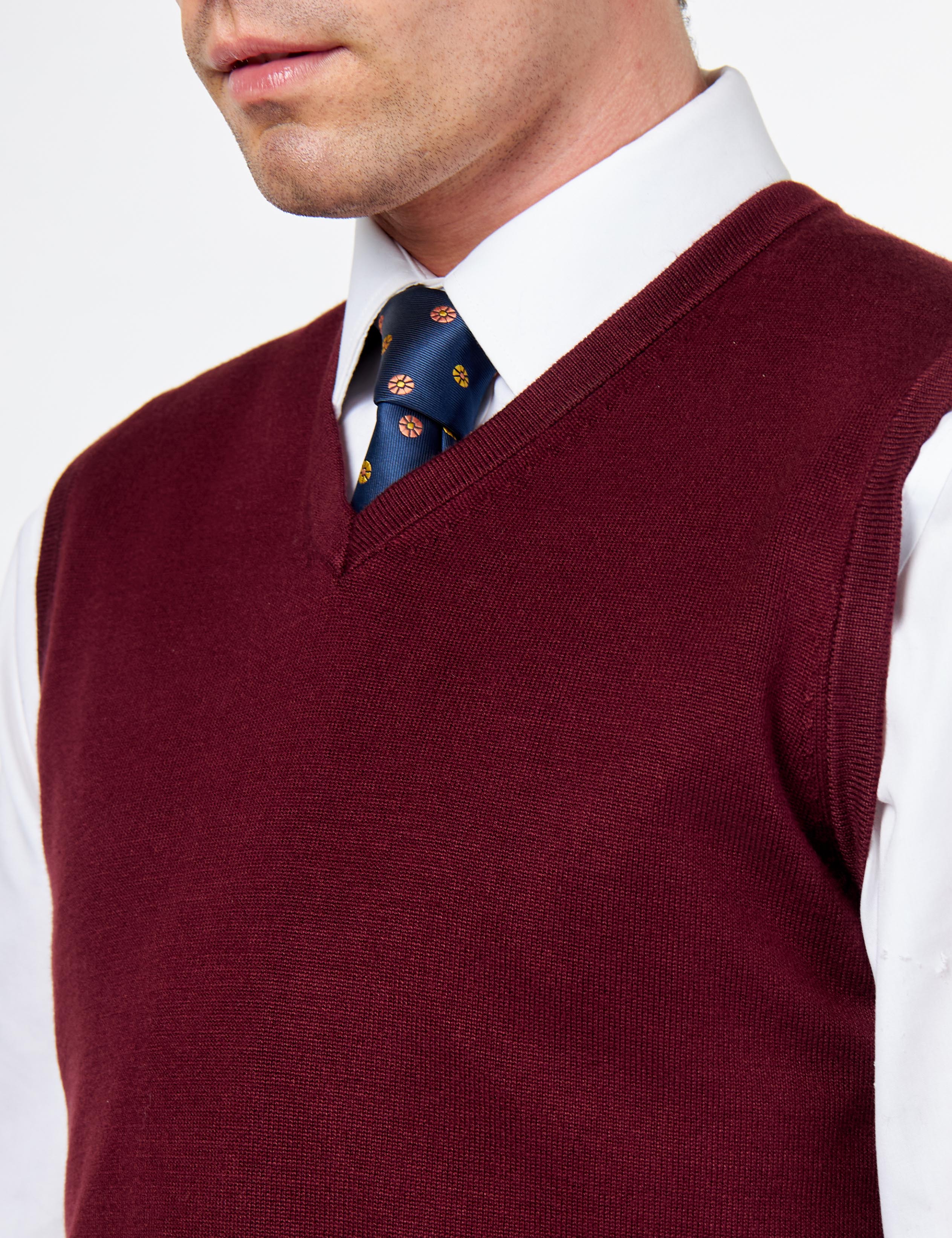 KNITTED COTTON MAROON SLEEVELESS JUMPER V-NECK VEST