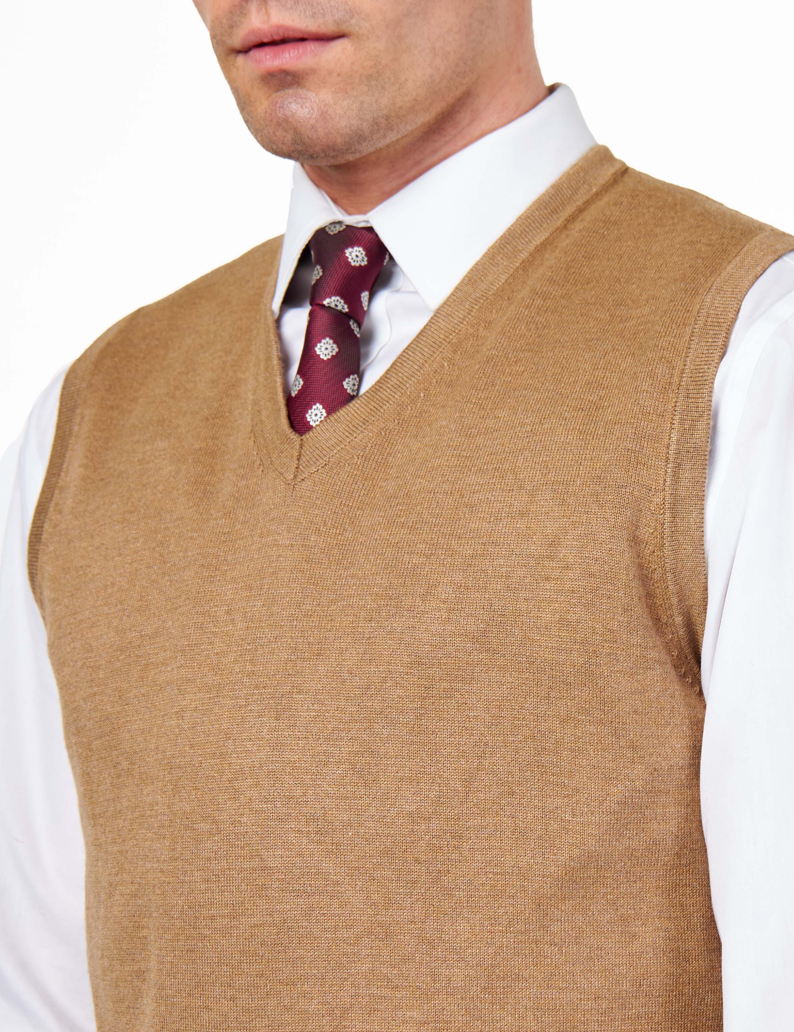 KNITTED COTTON CAMEL SLEEVELESS JUMPER V-NECK VEST