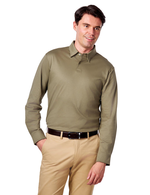 Mercerised Cotton Khaki Polo Shirt Long Sleeve