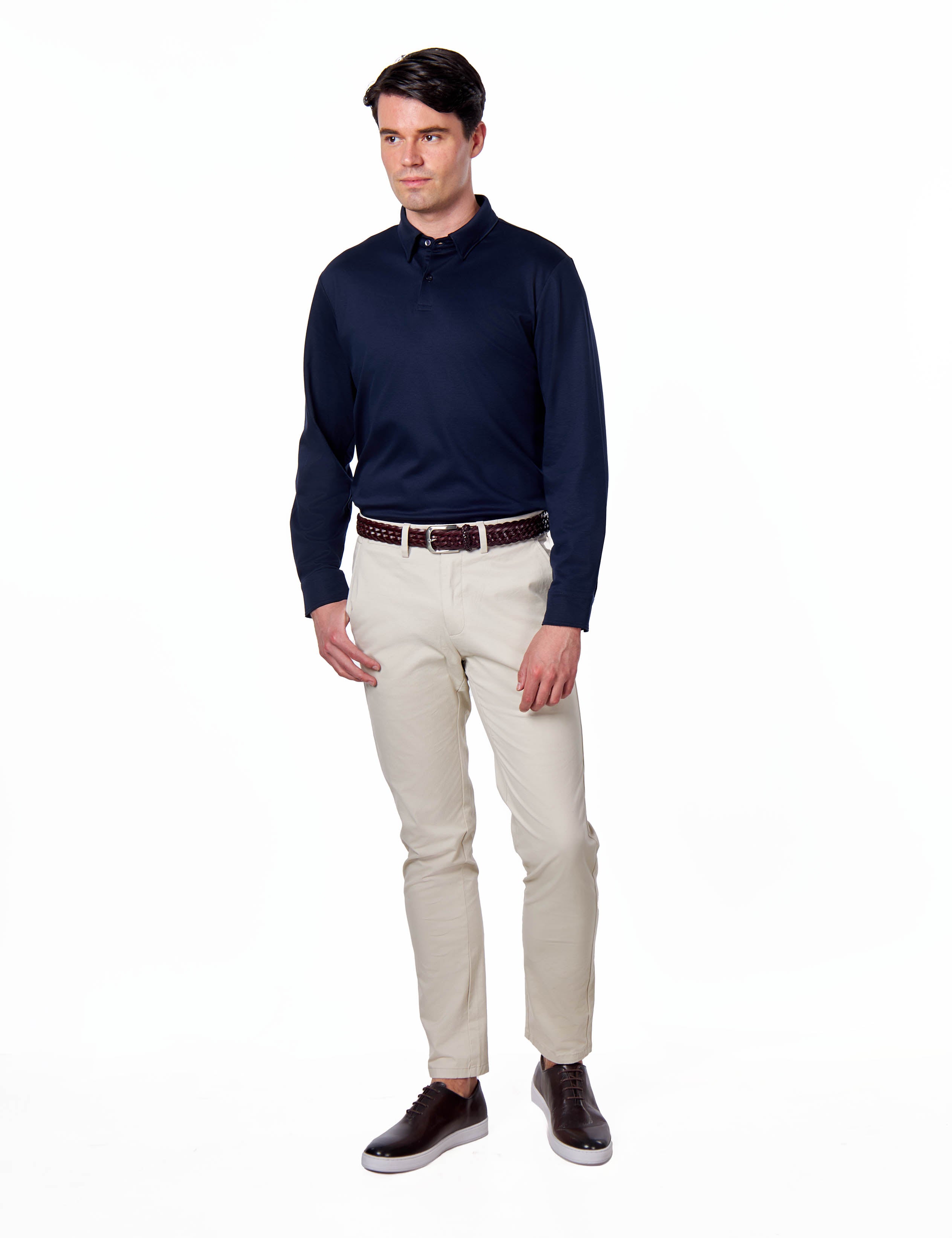 Mercerised Cotton Navy Polo Shirt Long Sleeve