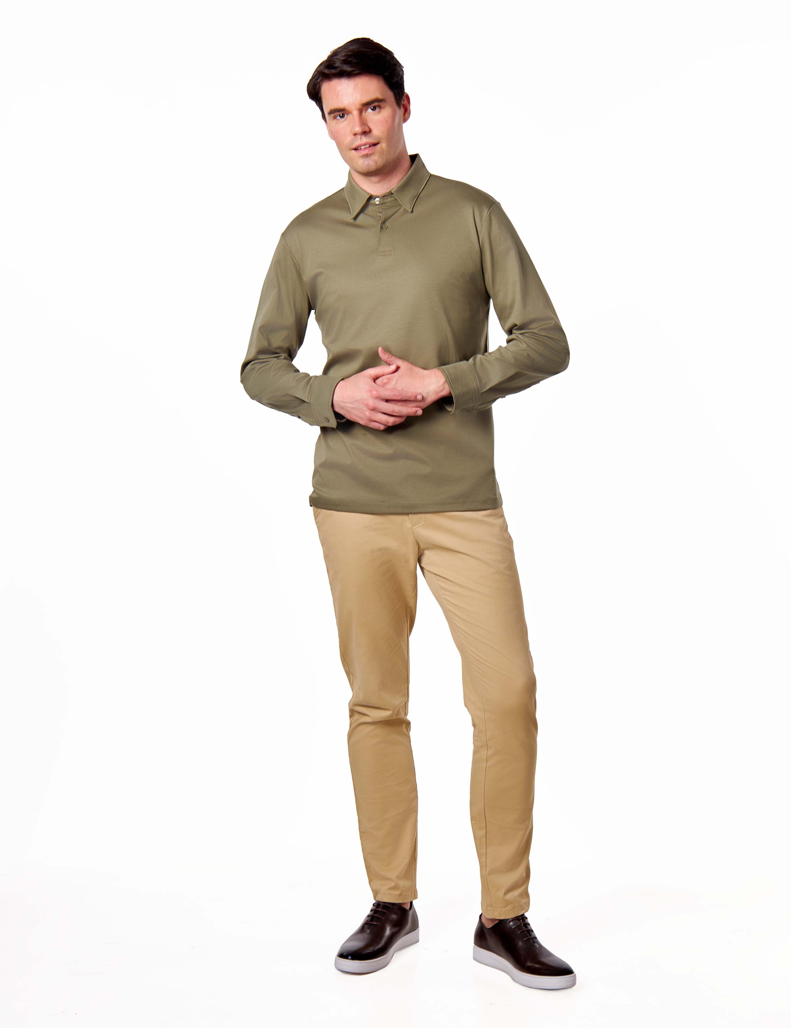 Mercerised Cotton Khaki Polo Shirt Long Sleeve