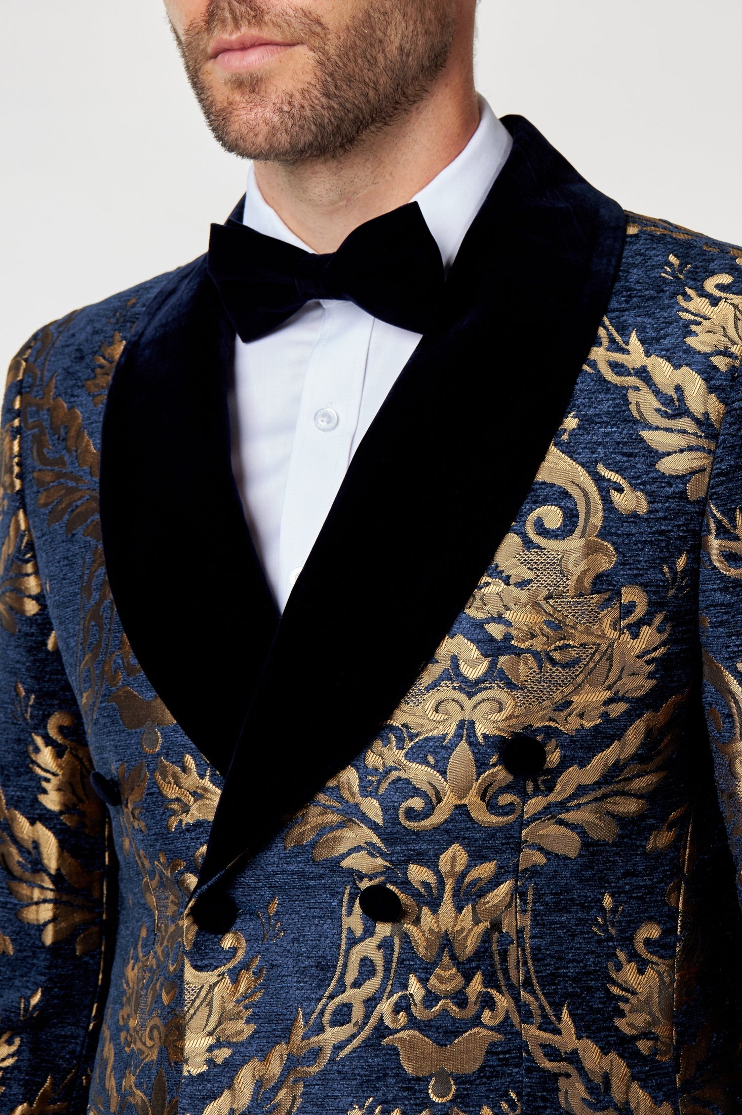 GLEN - Gold Brocade on Navy Jacquard Double Breasted Jacket