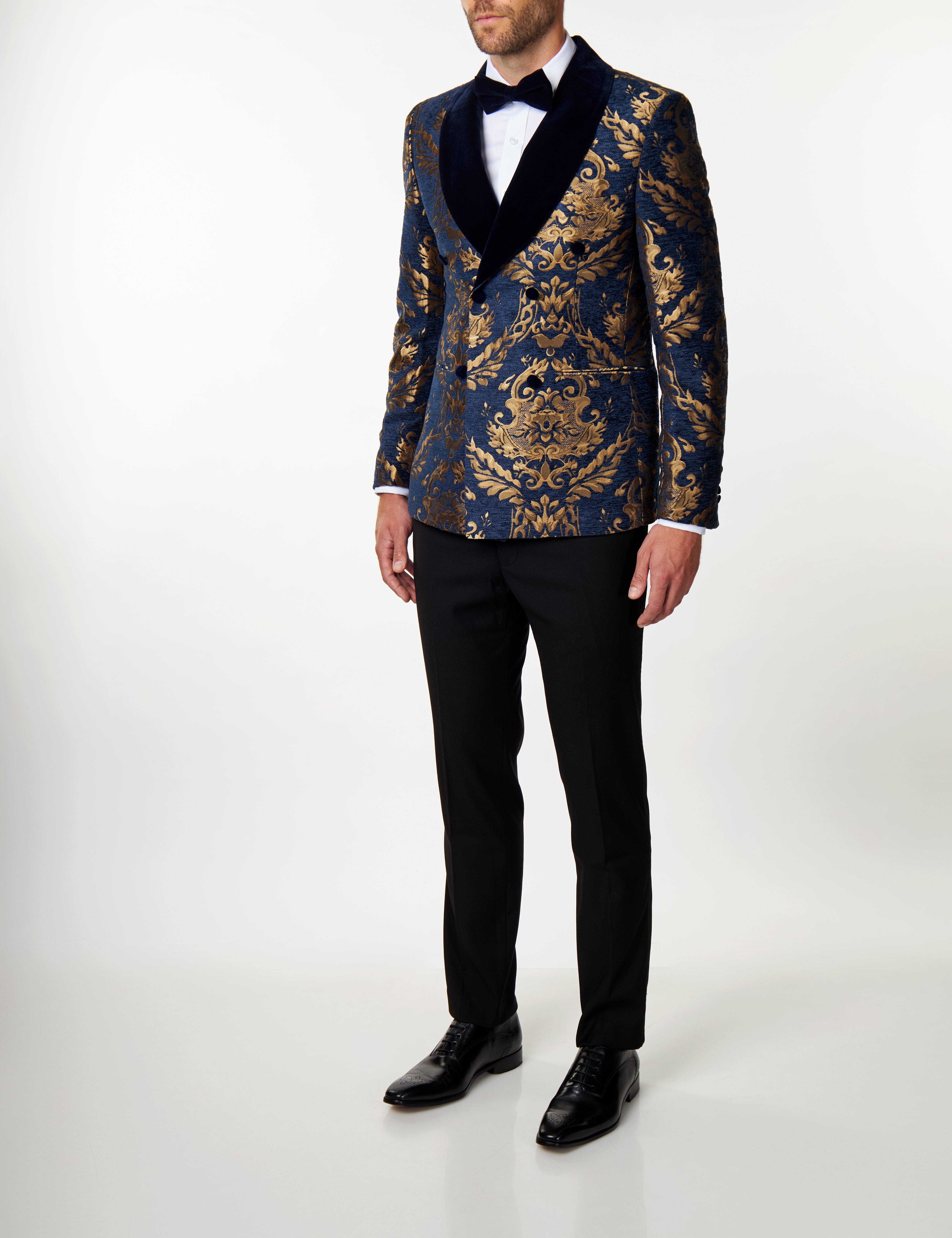 GLEN - Gold Brocade on Navy Jacquard Double Breasted Jacket