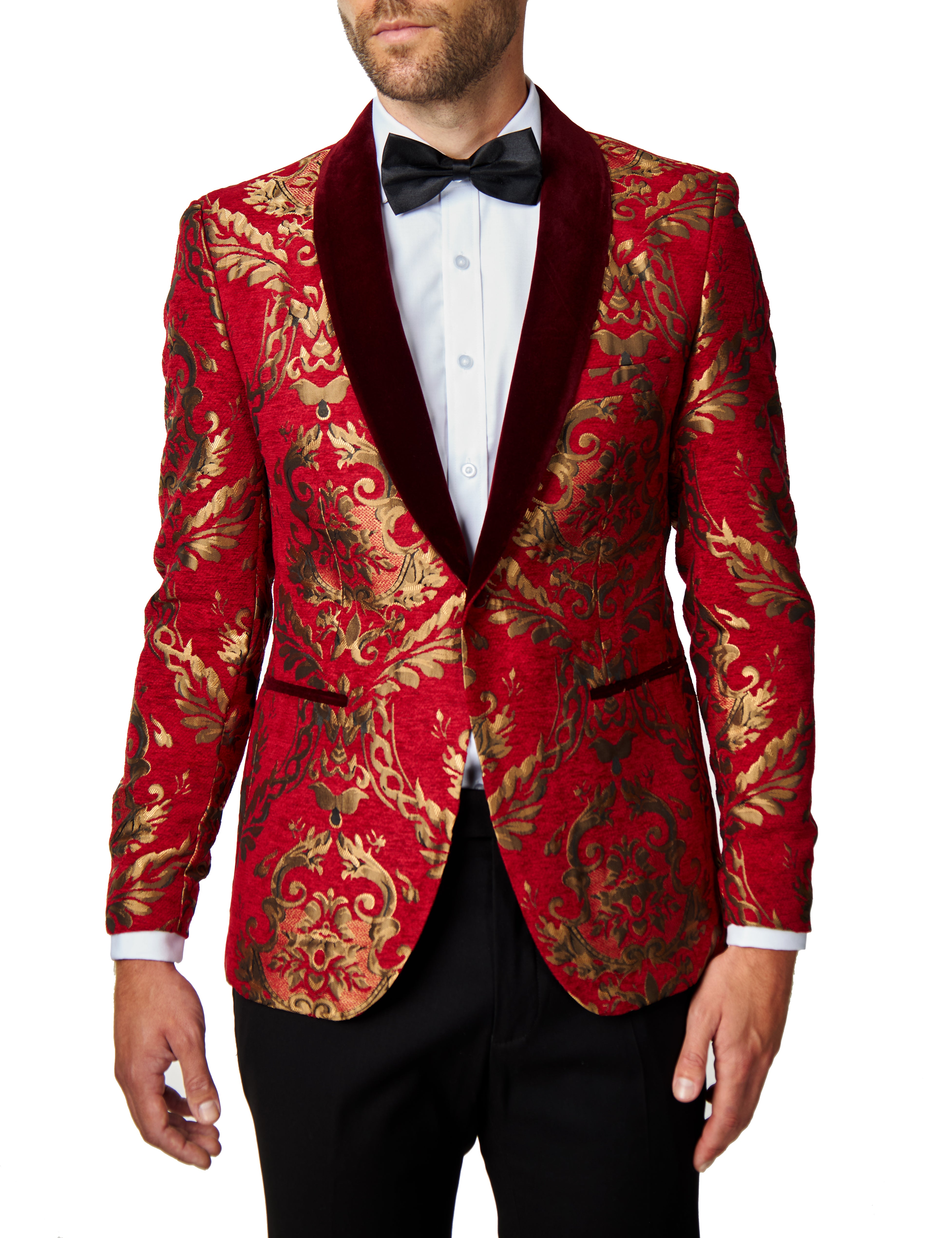 Gold Brocade Paisley on Crimson Red Jacquard Jacket