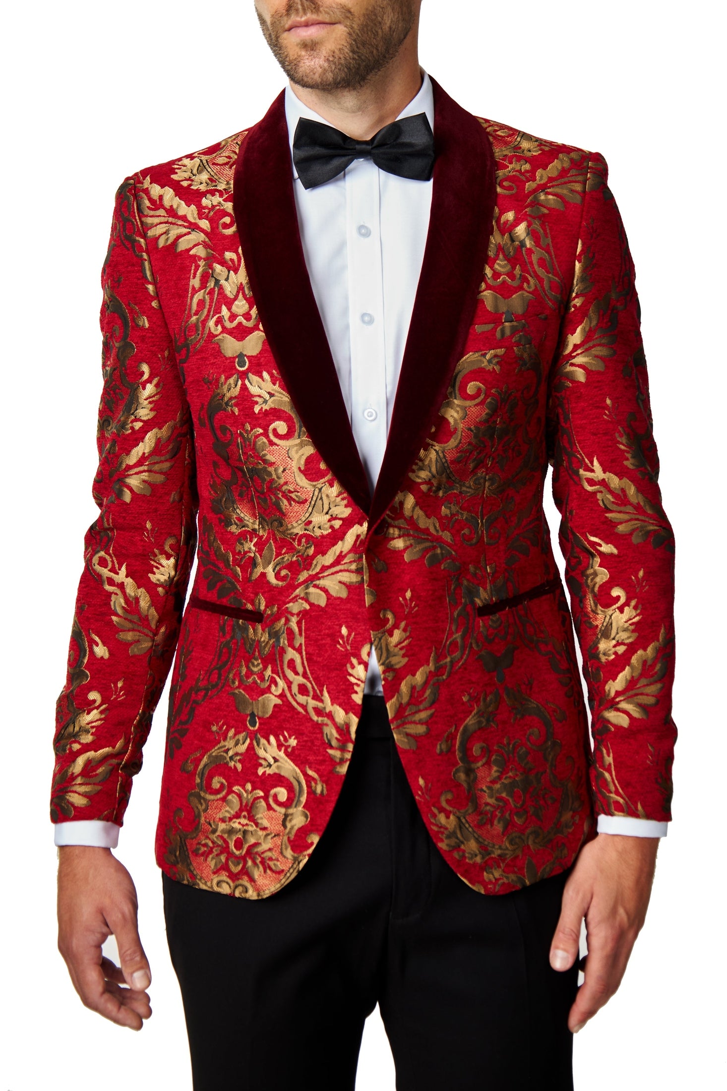 GLEN - Gold Brocade Paisley on Crimson Red Jacquard Dinner Jacket