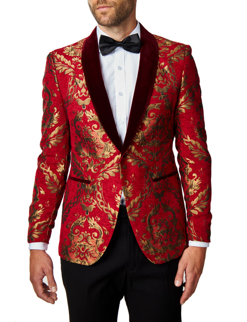 GLEN - Gold Brocade Paisley on Crimson Red Jacquard Dinner Jacket