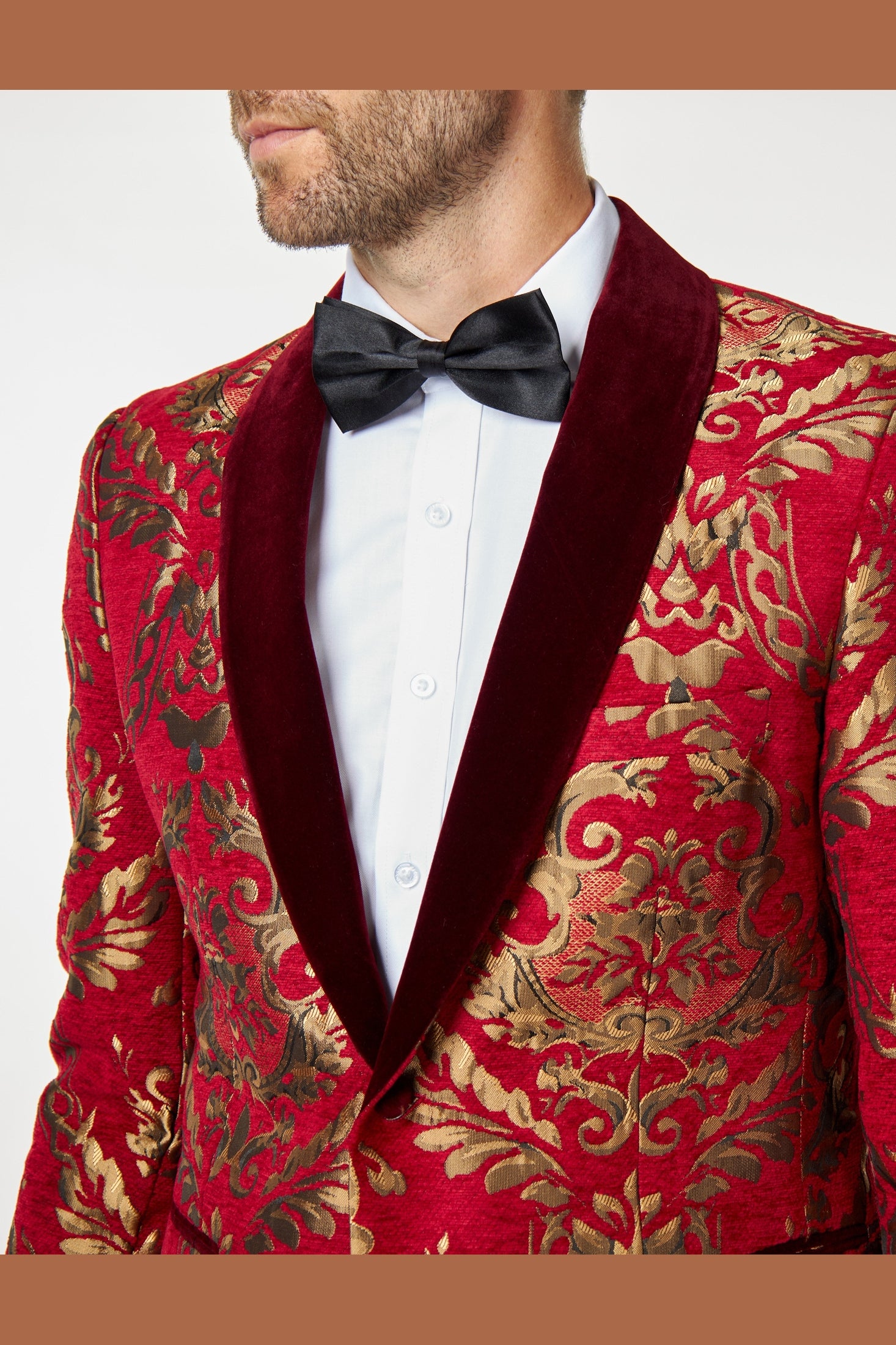 GLEN - Gold Brocade Paisley on Crimson Red Jacquard Dinner Jacket