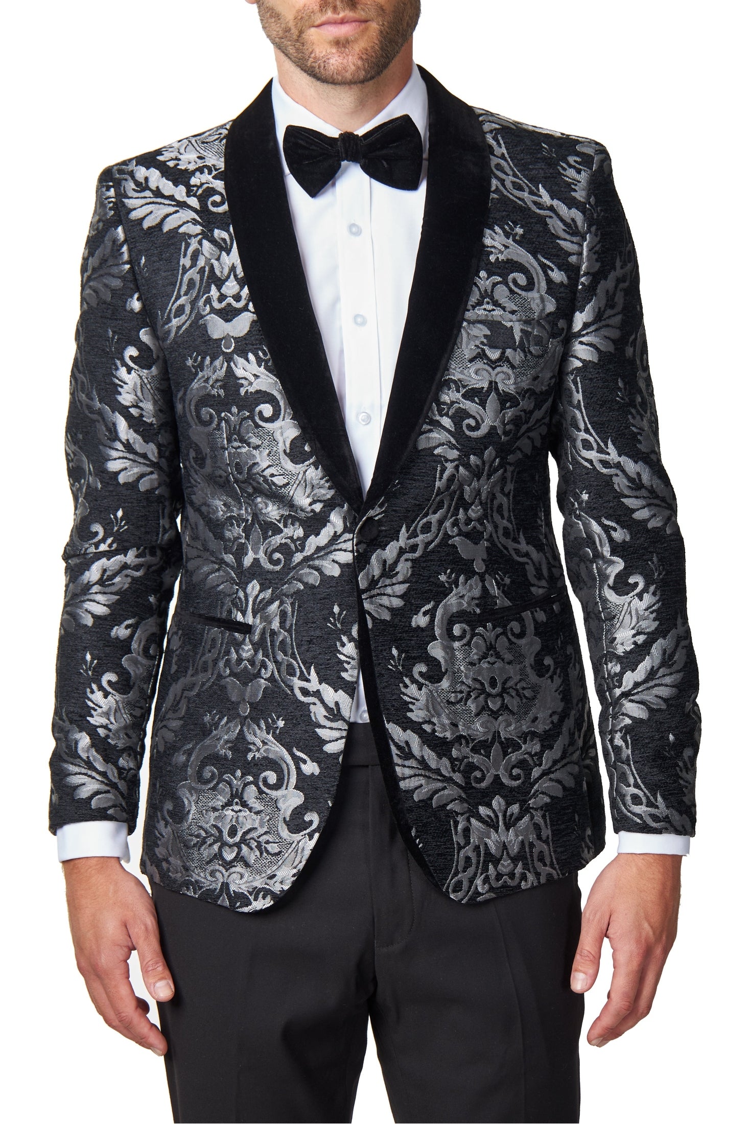 GLEN - GREY FLORAL FOLIAGE VELVET JACQUARD JACKET