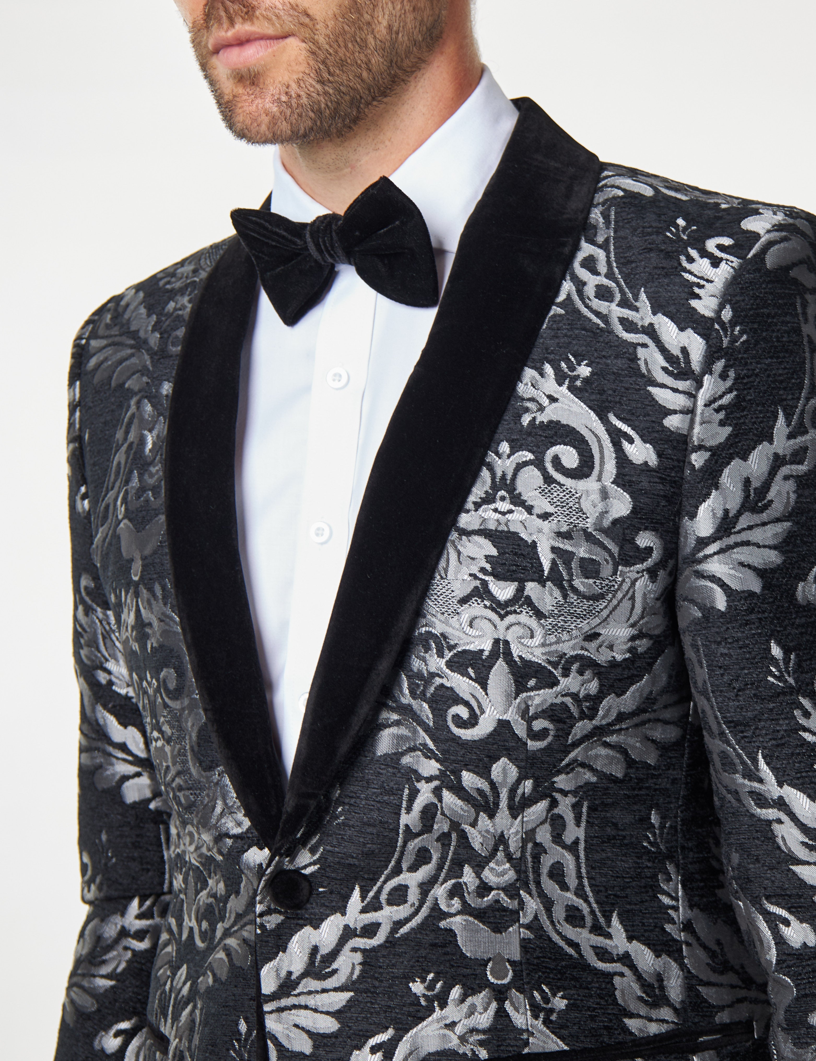 GLEN - GREY FLORAL FOLIAGE VELVET JACQUARD JACKET