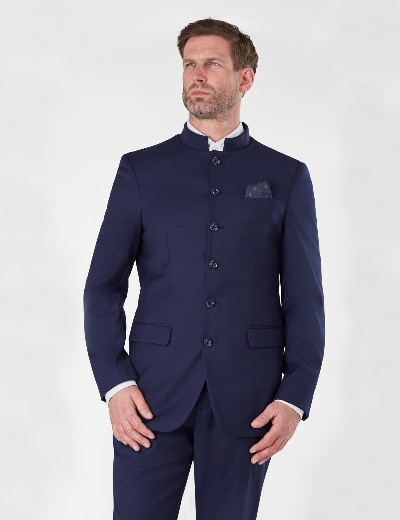 NAVY SUIT WITH CHINESE GRANDAD COLLAR