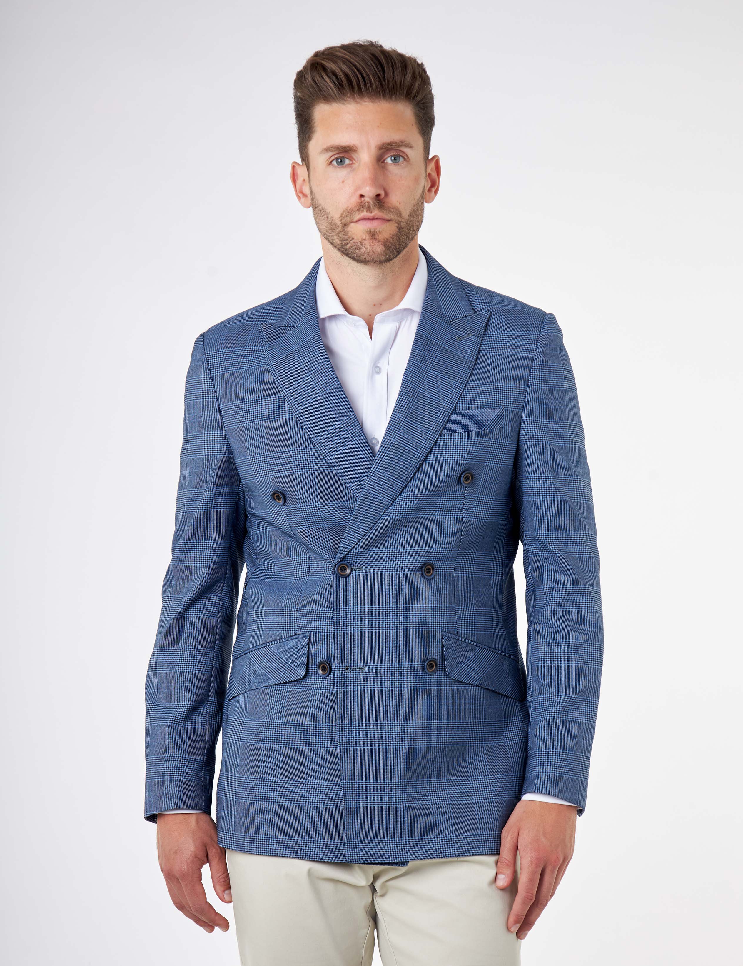 EKON – Blue Price of Wales Check Tailored Double Breasted Jacket