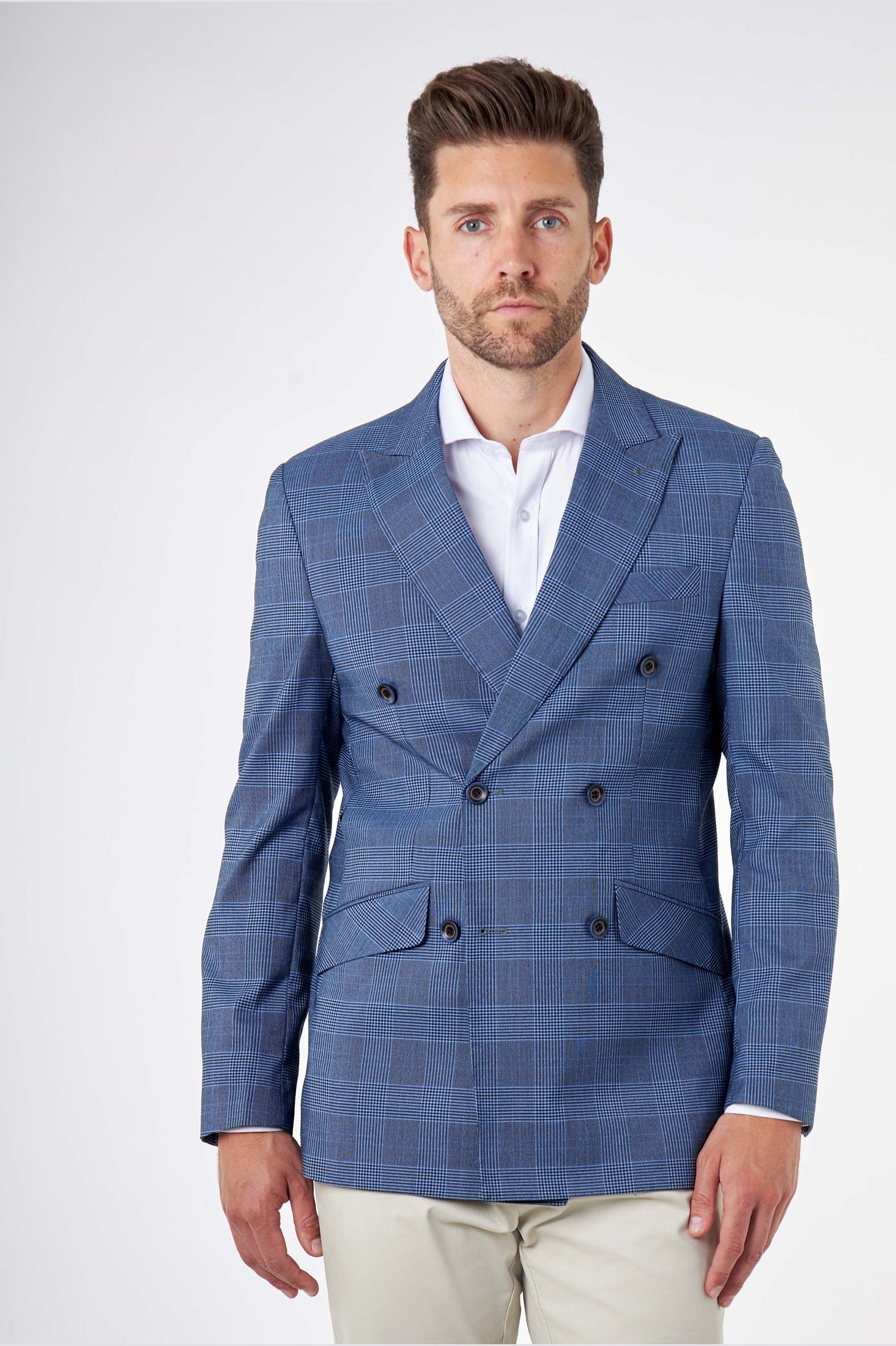 EKON – Blue Price of Wales Check Tailored Double Breasted Jacket