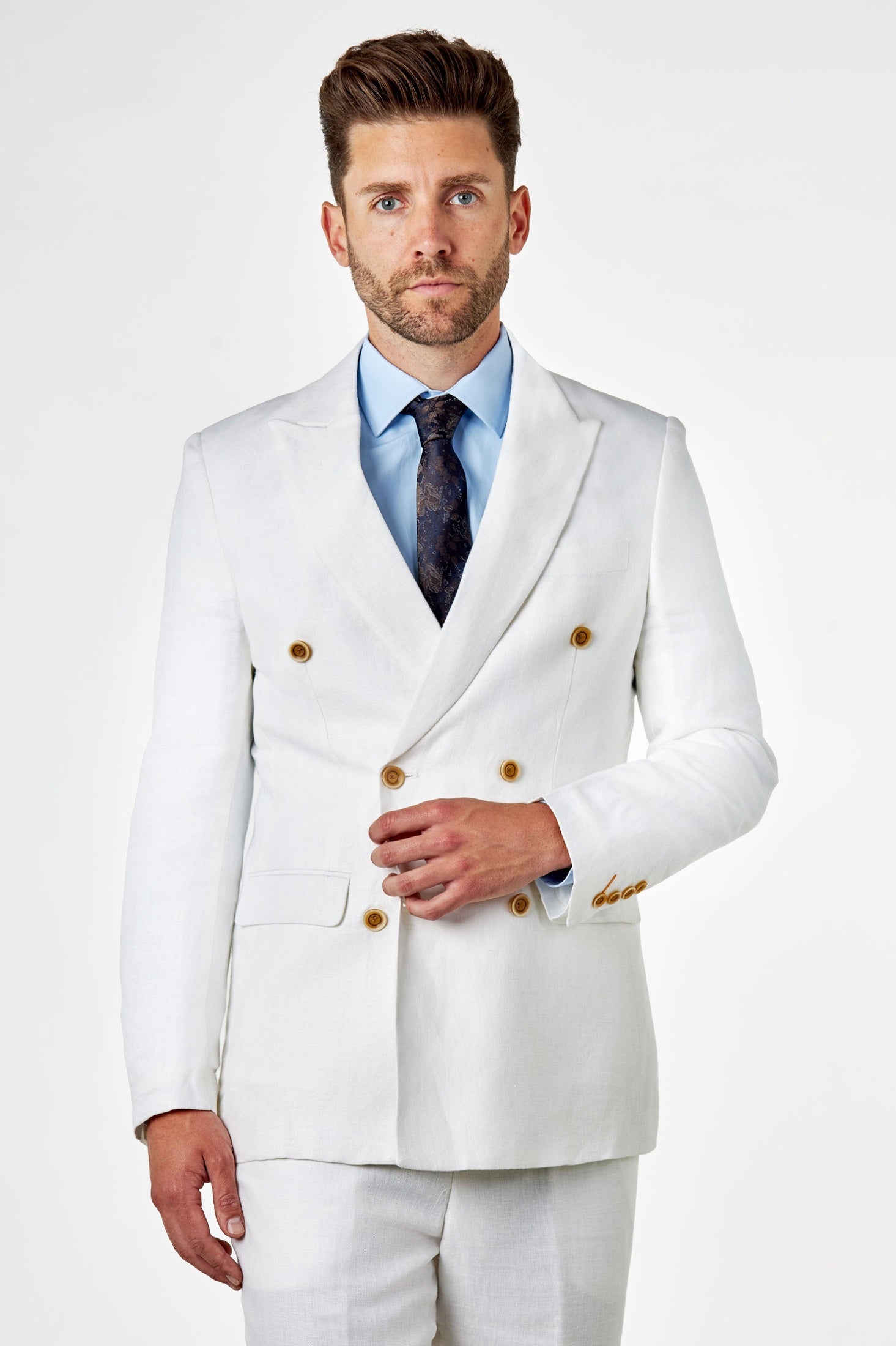 RAY - Tailored Fit Off White Herringbone Linen Double Breasted Jacket
