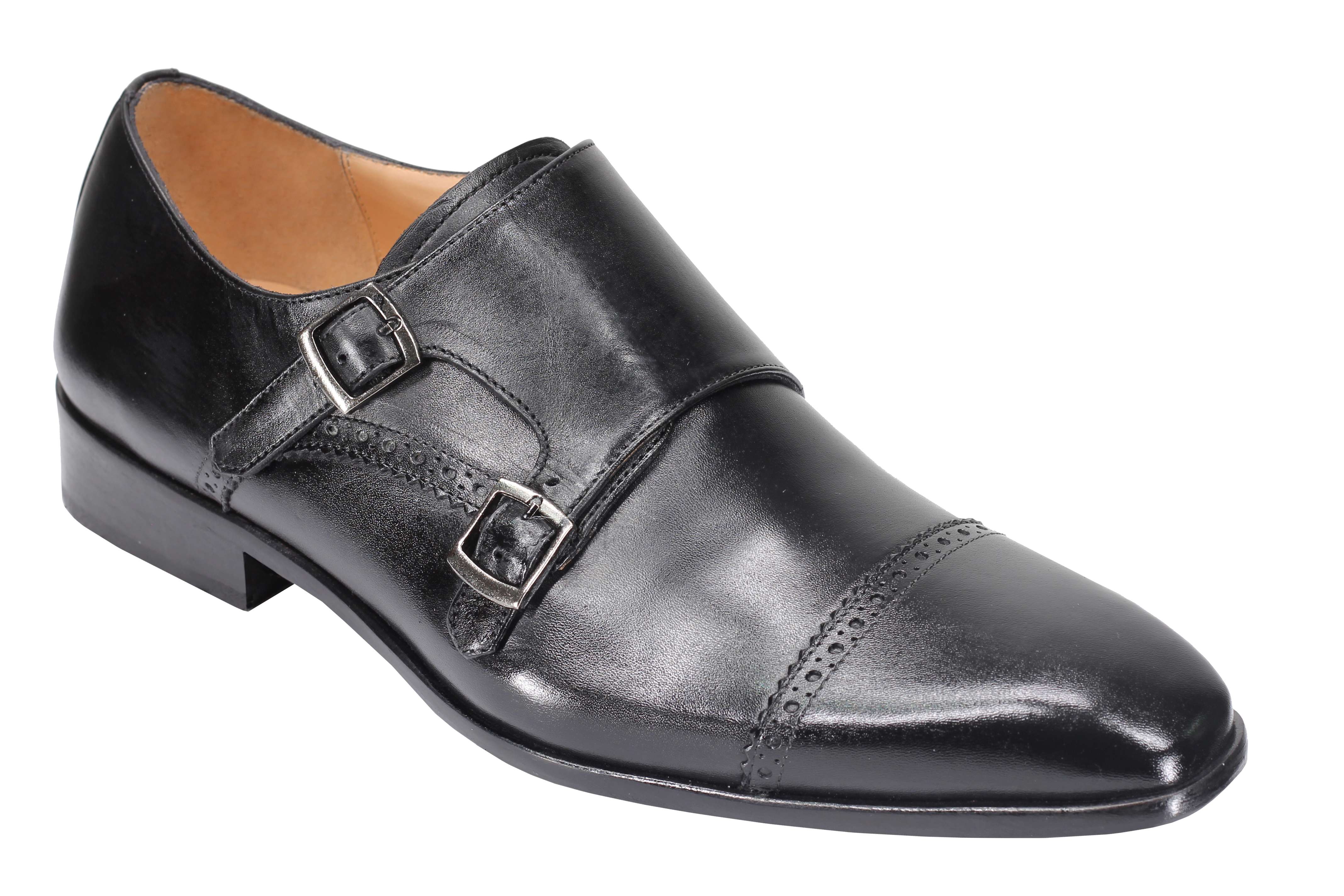 BLACK CALF LEATHER SEMI BROGUE MONK SHOES