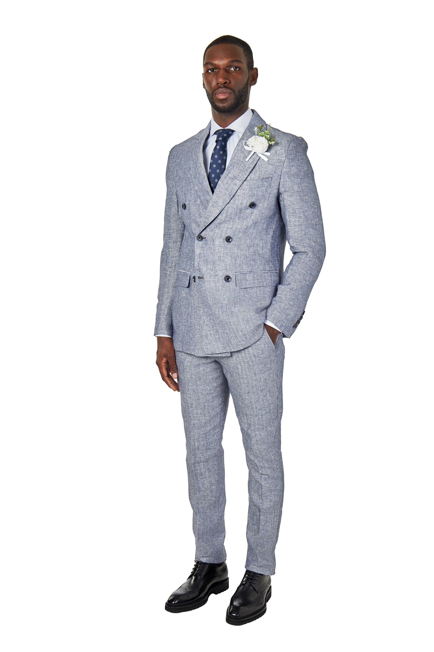 RAY - TAILORED FIT GREY BLUE HERRINGBONE LINEN DOUBLE BREASTED JACKET
