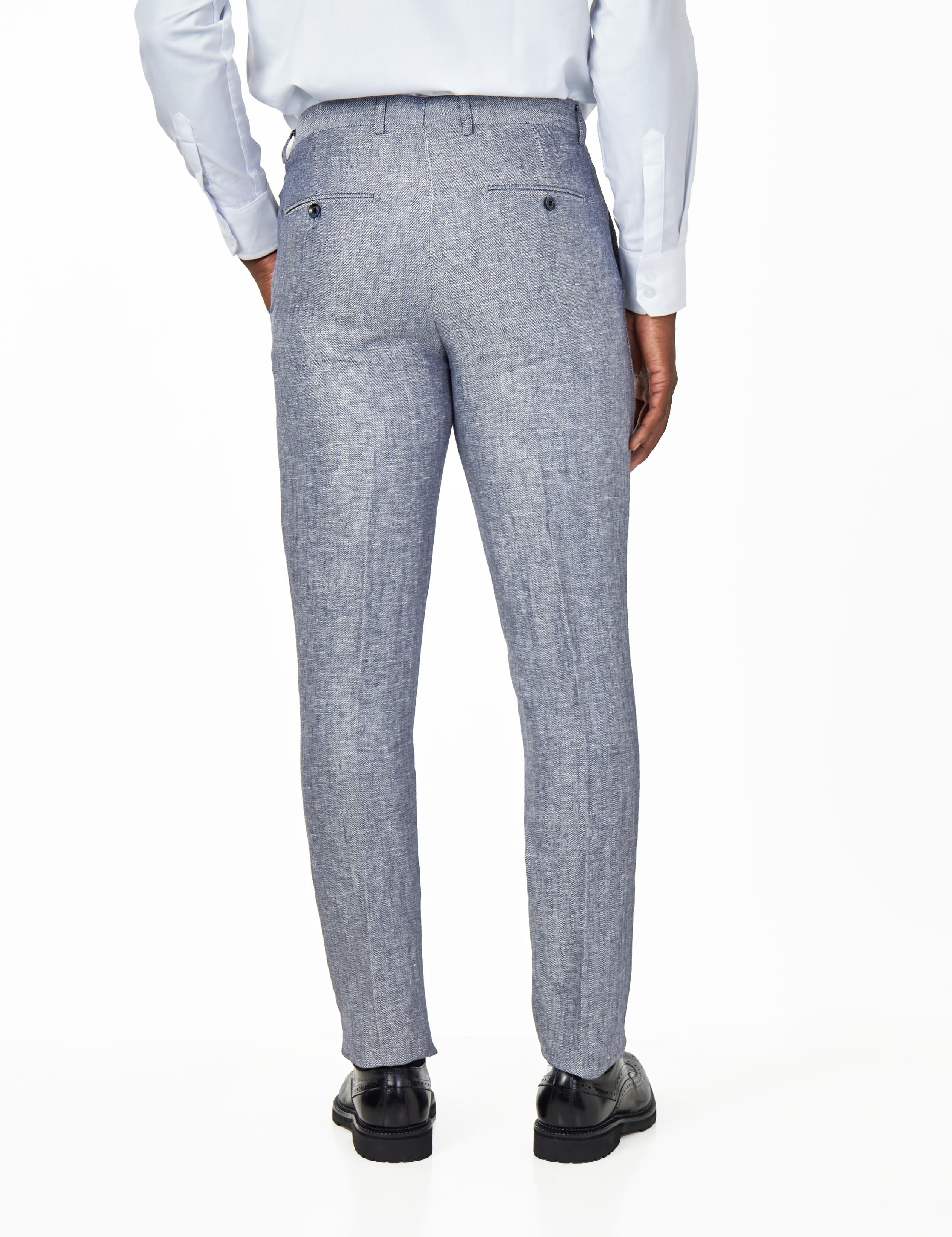 RAY - GREY BLUE HERRINGBONE LINEN SUIT TROUSERS TAILORED FIT