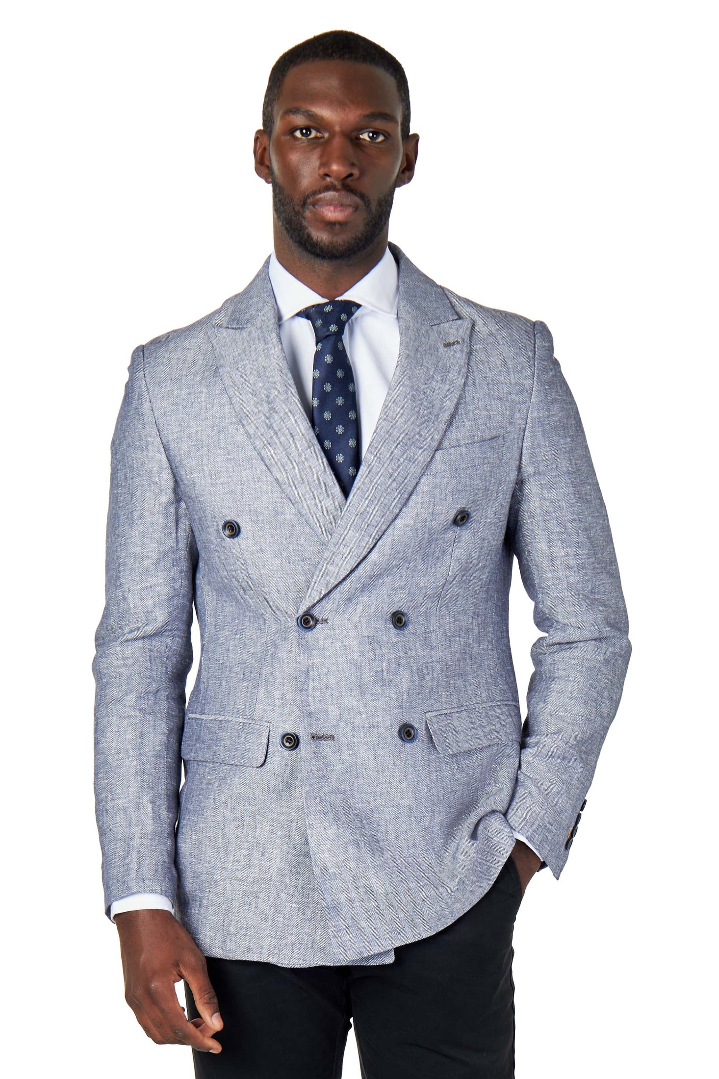 RAY - TAILORED FIT GREY BLUE HERRINGBONE LINEN DOUBLE BREASTED JACKET