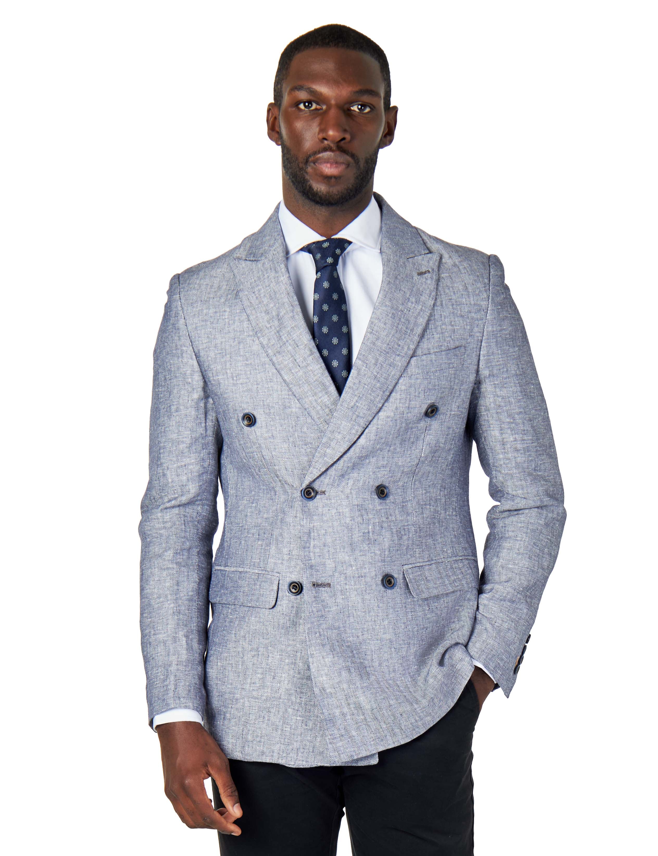 RAY - GREY BLUE LINEN DOUBLE BREASTED JACKET WITH CHINO