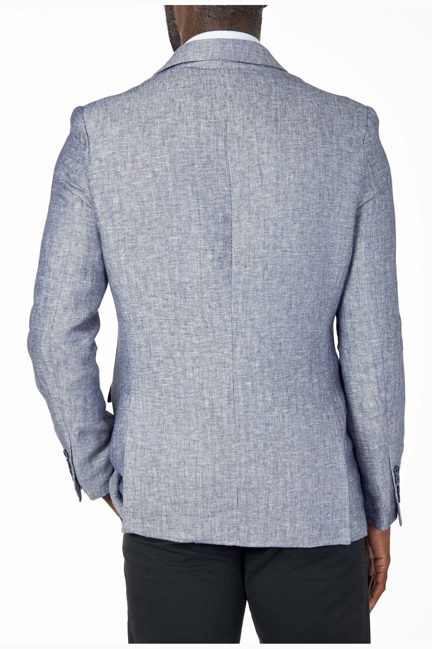 RAY - TAILORED FIT GREY BLUE HERRINGBONE LINEN DOUBLE BREASTED JACKET