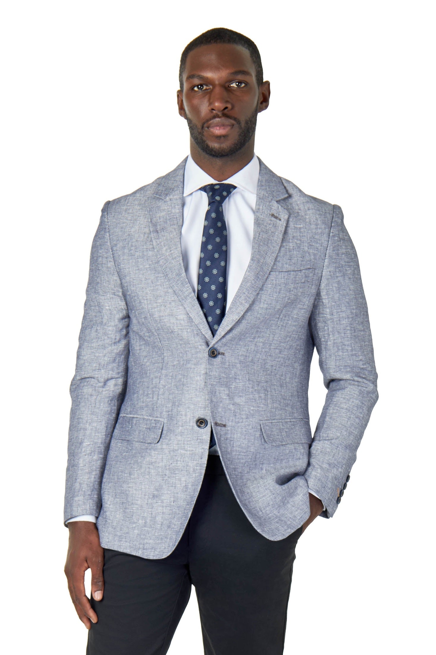 RAY - TAILORED FIT BLUE GREY HERRINGBONE LINEN SUIT JACKET