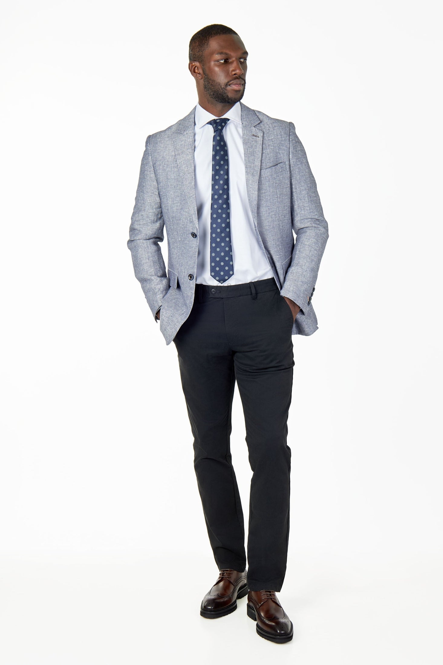 RAY - TAILORED FIT BLUE GREY HERRINGBONE LINEN SUIT JACKET