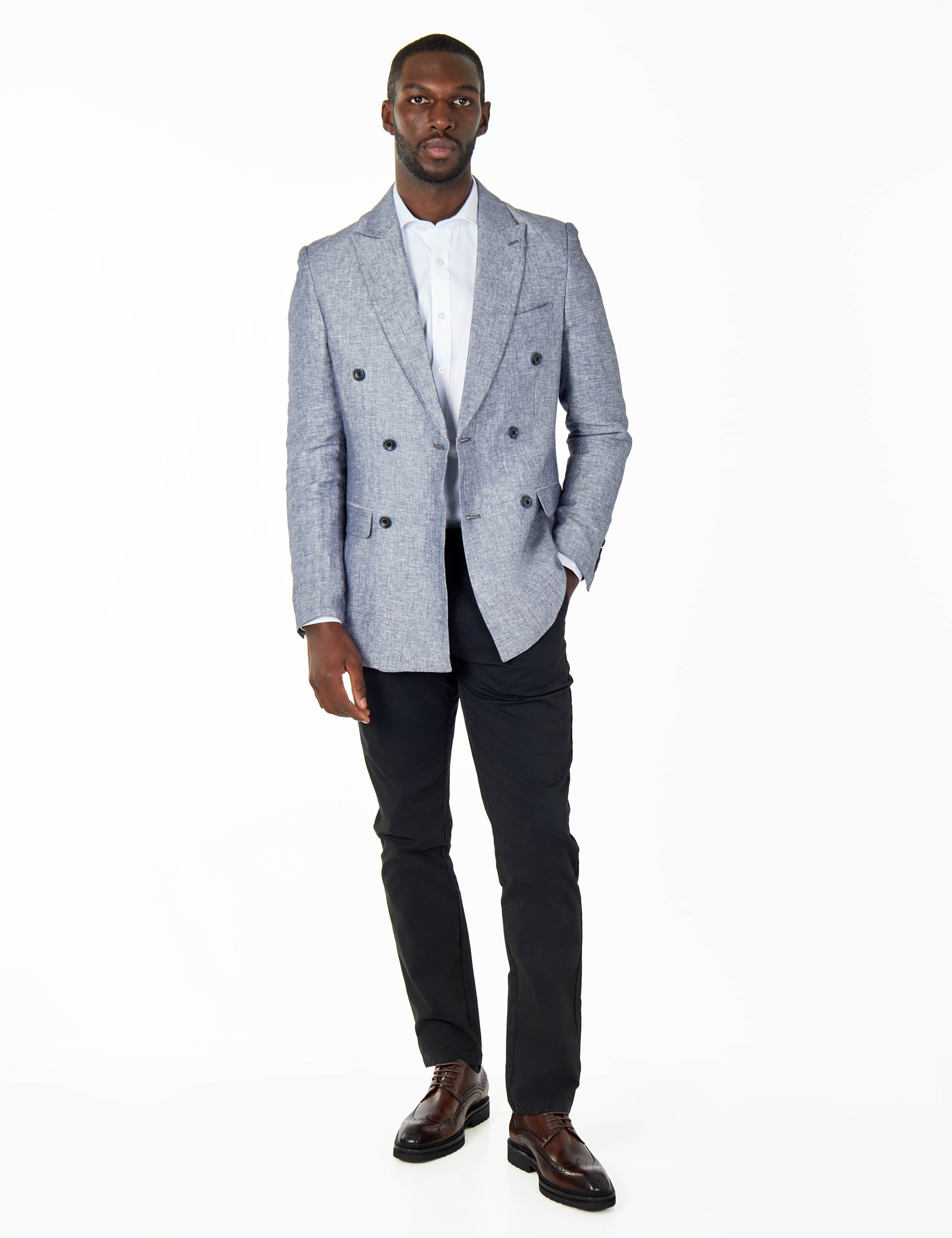 RAY - TAILORED FIT GREY BLUE HERRINGBONE LINEN DOUBLE BREASTED JACKET