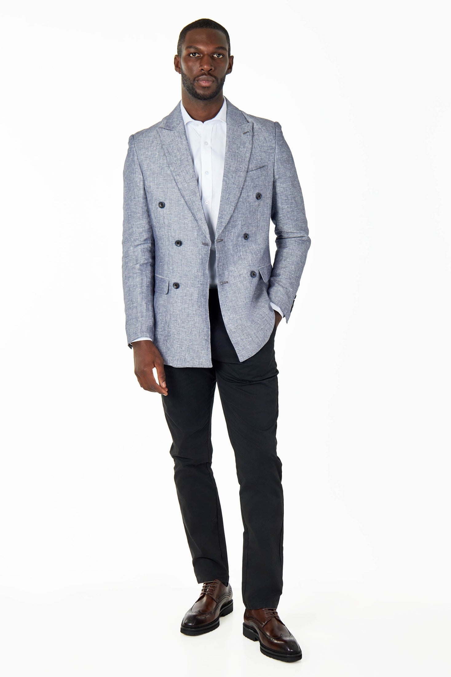 RAY - TAILORED FIT GREY BLUE HERRINGBONE LINEN DOUBLE BREASTED JACKET