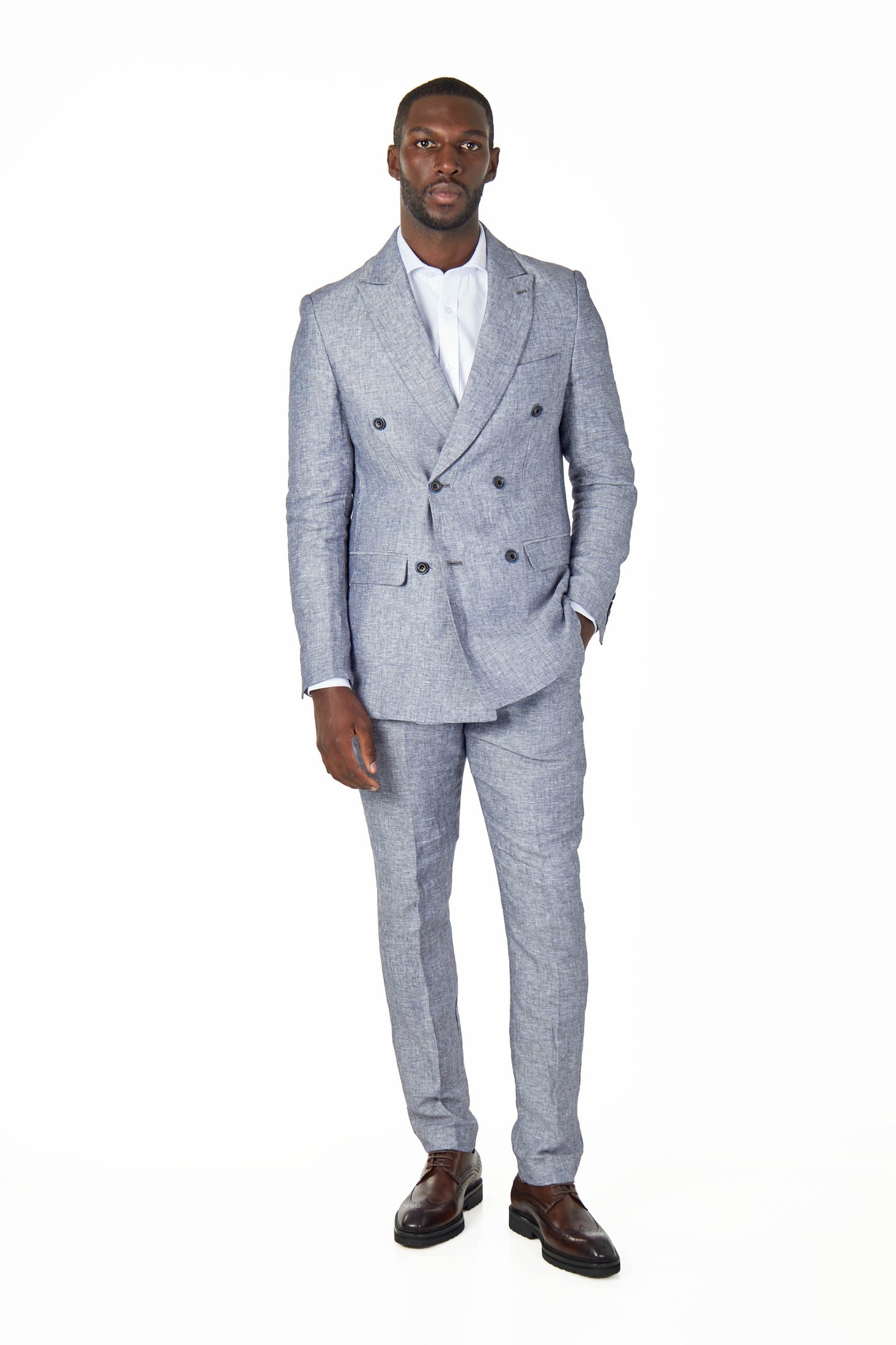 RAY - TAILORED FIT GREY BLUE HERRINGBONE LINEN DOUBLE BREASTED JACKET