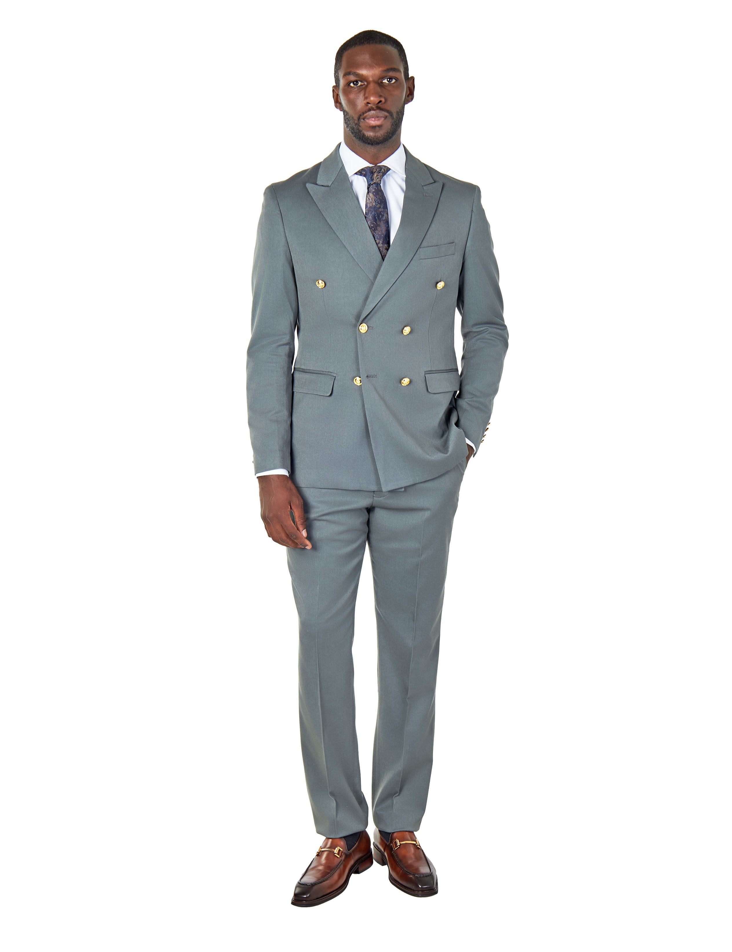 EZRA – PETROL GREEN TAILORED FIT DOUBLE BREASTED SUIT WITH GOLD TONE BUTTONS