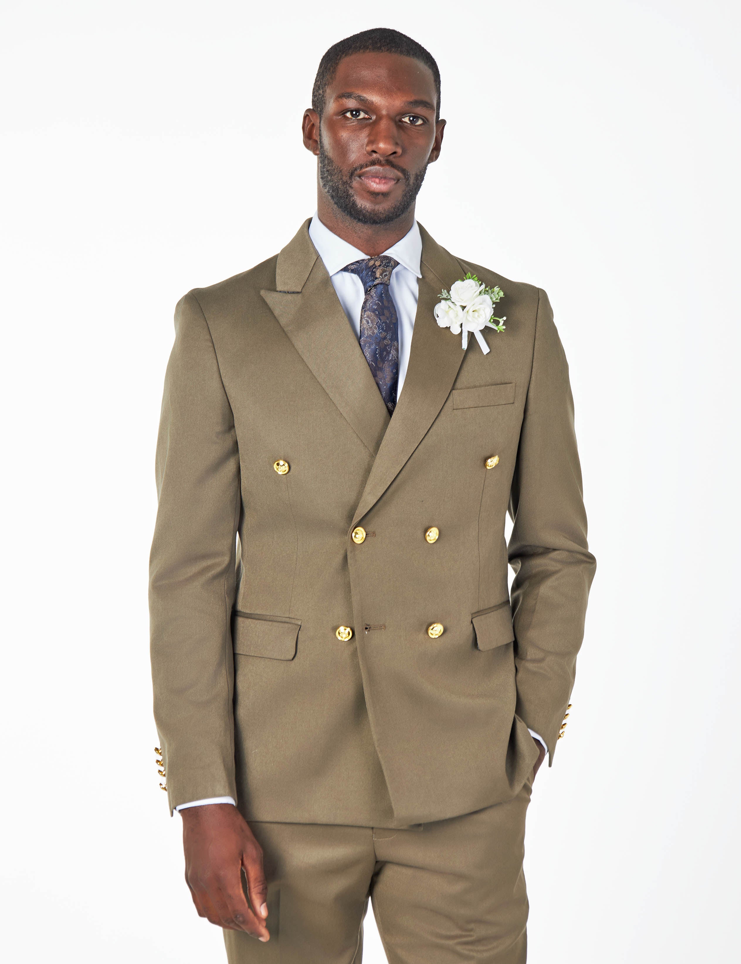 EZRA – KHAKI TAILORED FIT DOUBLE BREASTED SUIT WITH GOLD TONE BUTTONS