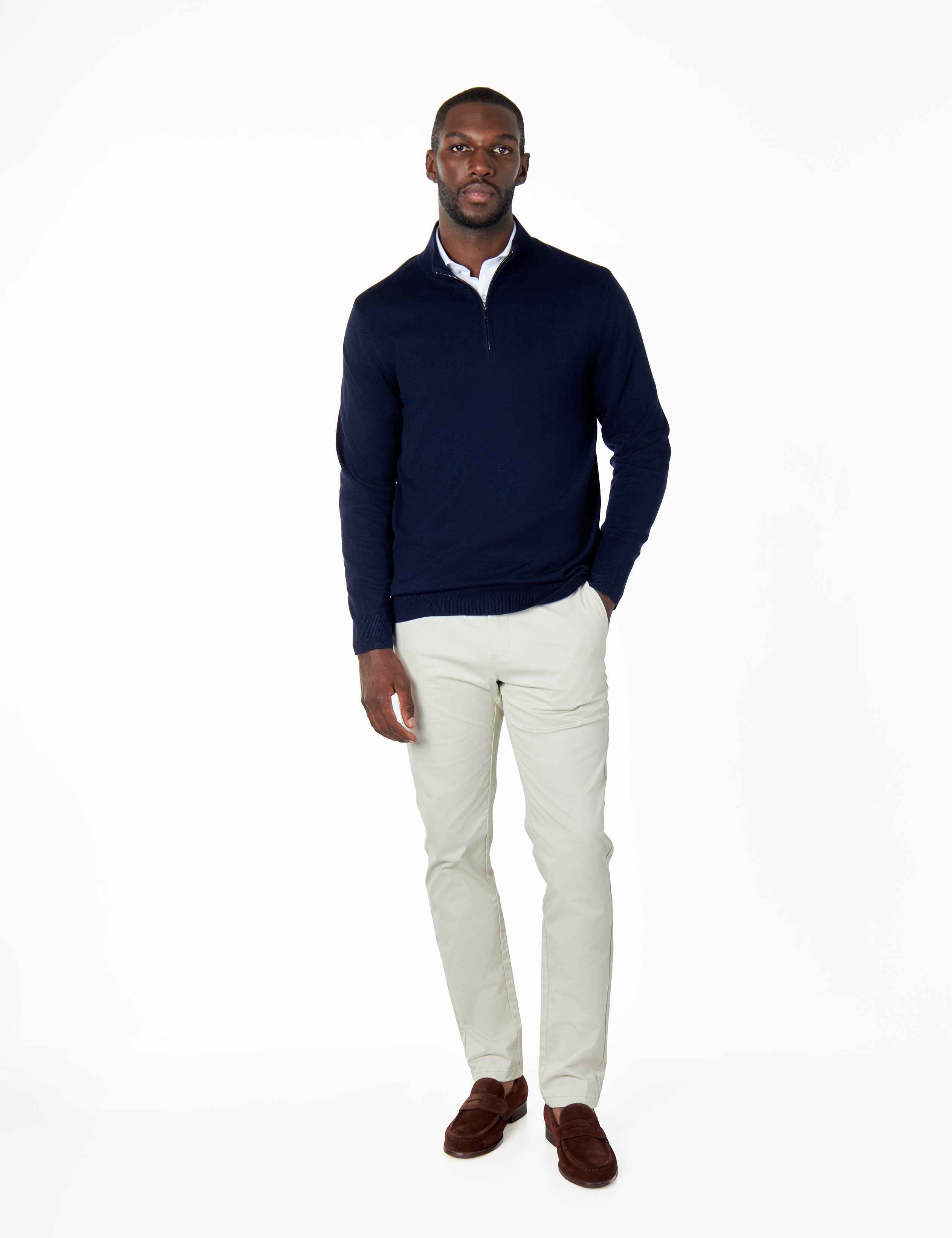 NAVY 100% COTTON KNIT ZIP NECK JUMPER