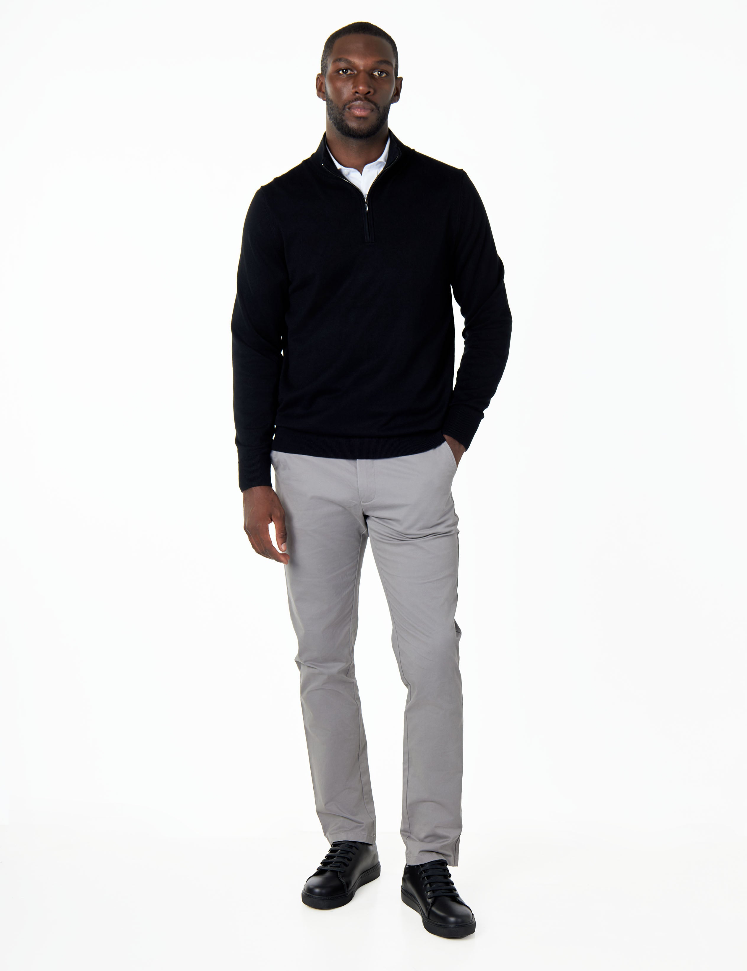 BLACK 100% COTTON KNIT ZIP NECK JUMPER