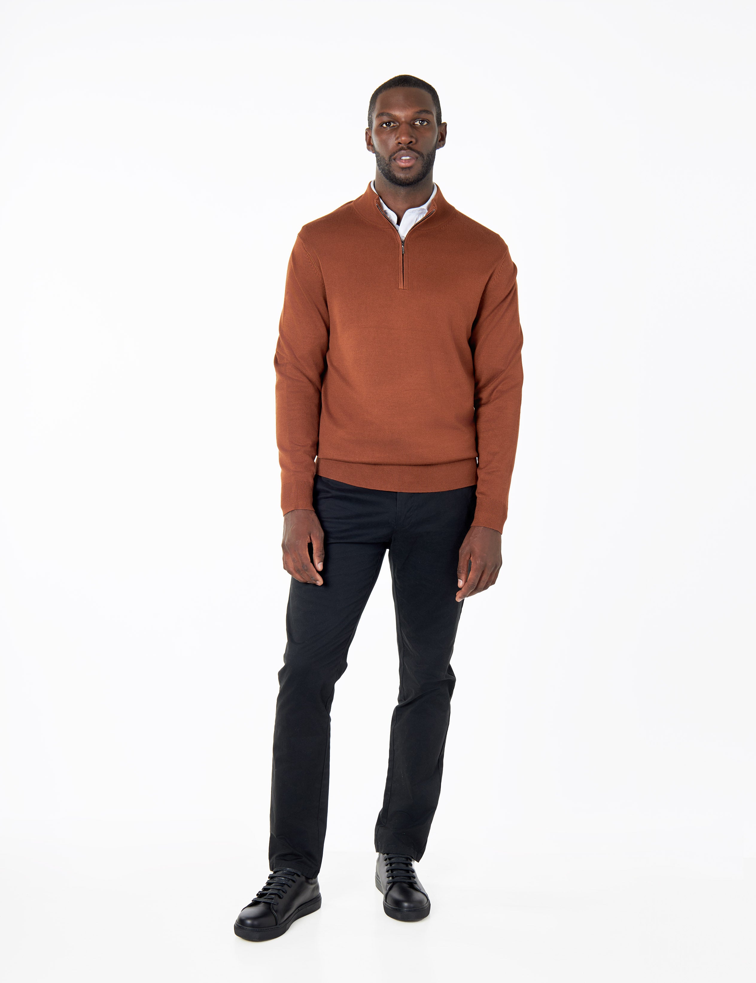 RUST BROWN 100% COTTON KNIT ZIP NECK JUMPER