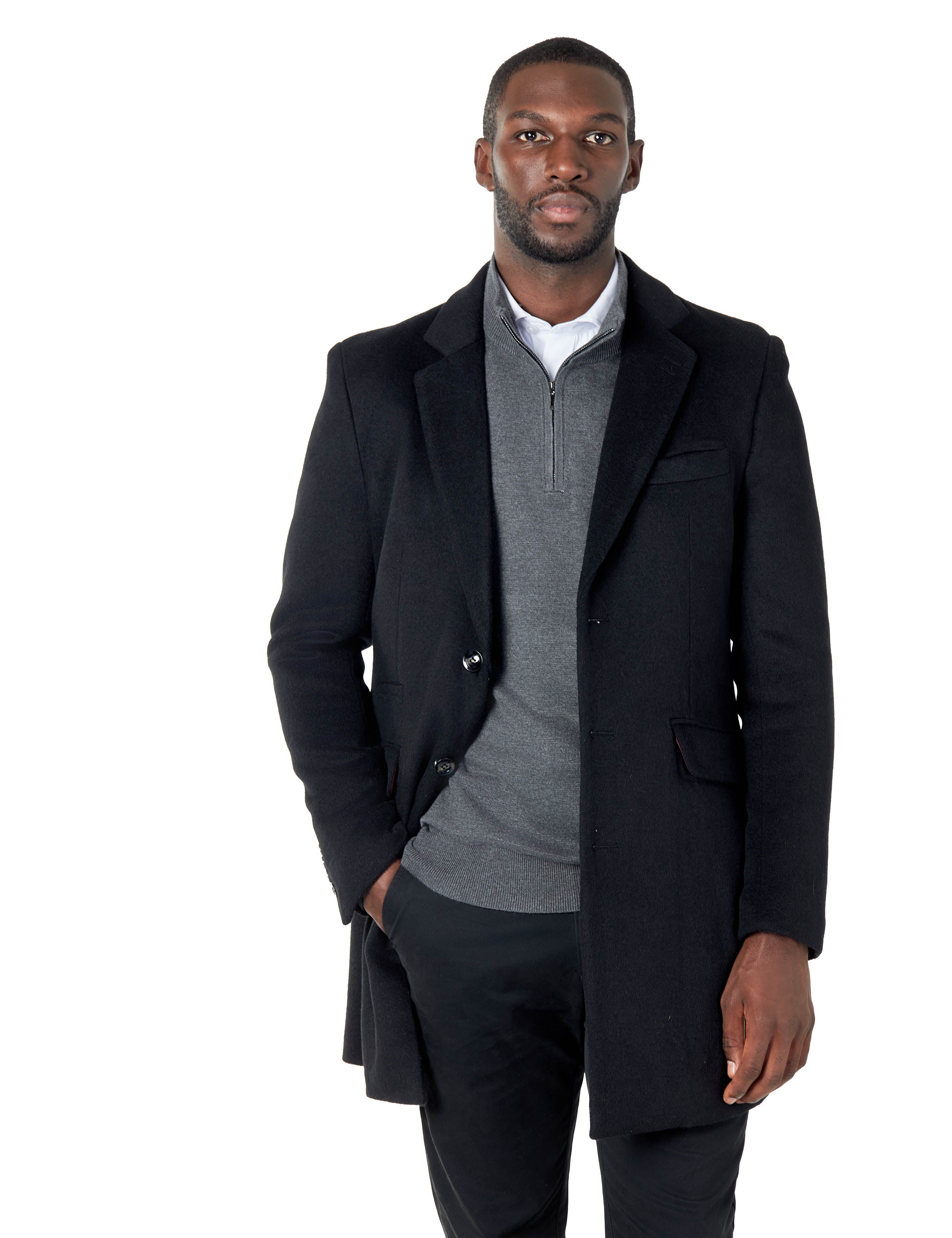 NATE - BLACK WOOL BLEND LONG OVERCOAT