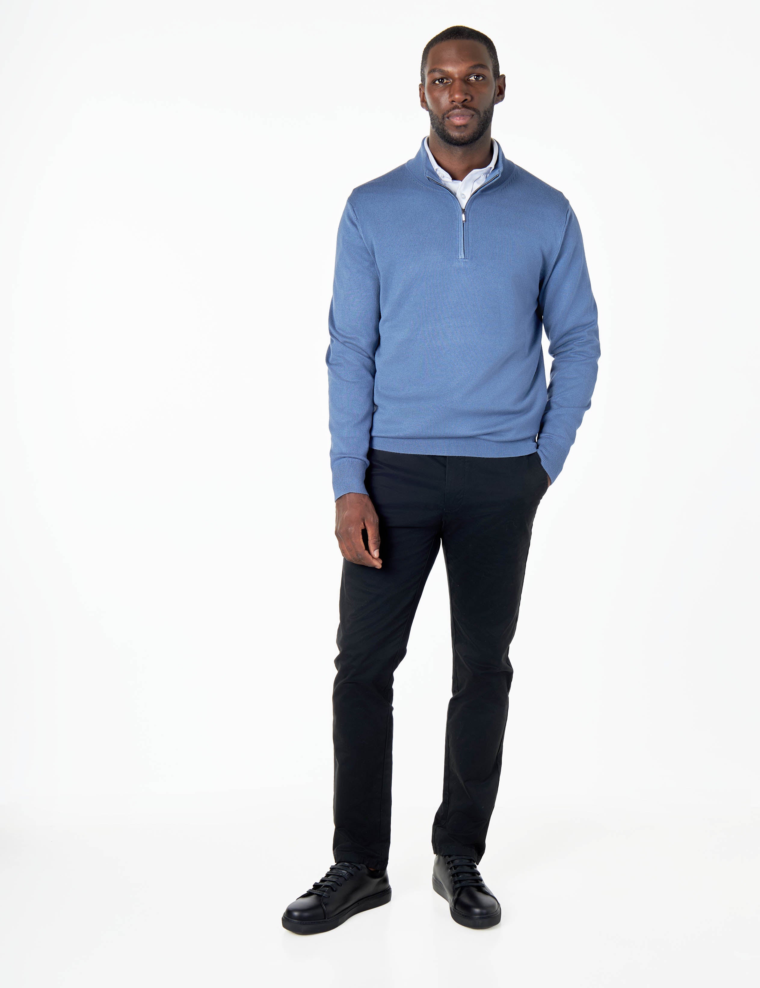 BLUE 100% COTTON KNIT ZIP NECK JUMPER