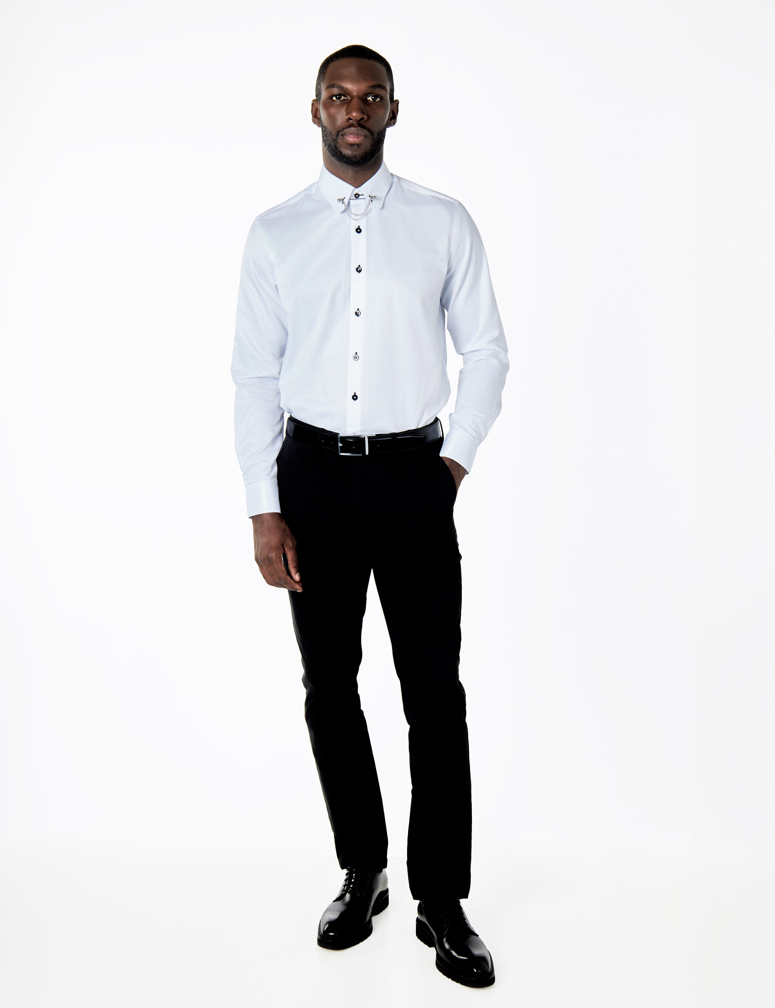 CLASSIC WHITE DRESS SHIRT PENNY COLLAR PIN BAR WITH CHAIN