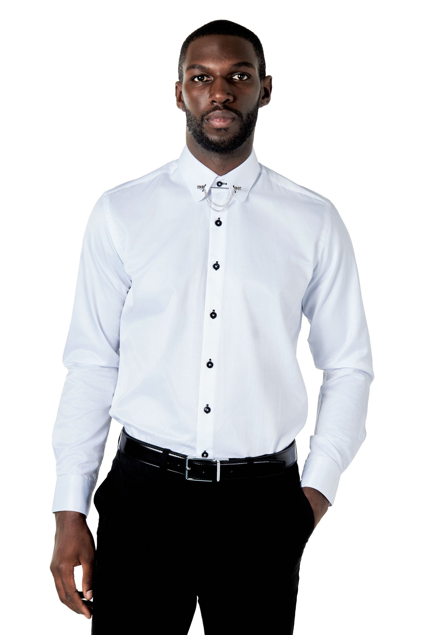 Mens Tailored Fit White Dress Shirt Penny Collar Pin Bar Chain XPOSED Mens Tailored Fit White Dress Shirt Penny Collar Pin Bar Chain XPOSED