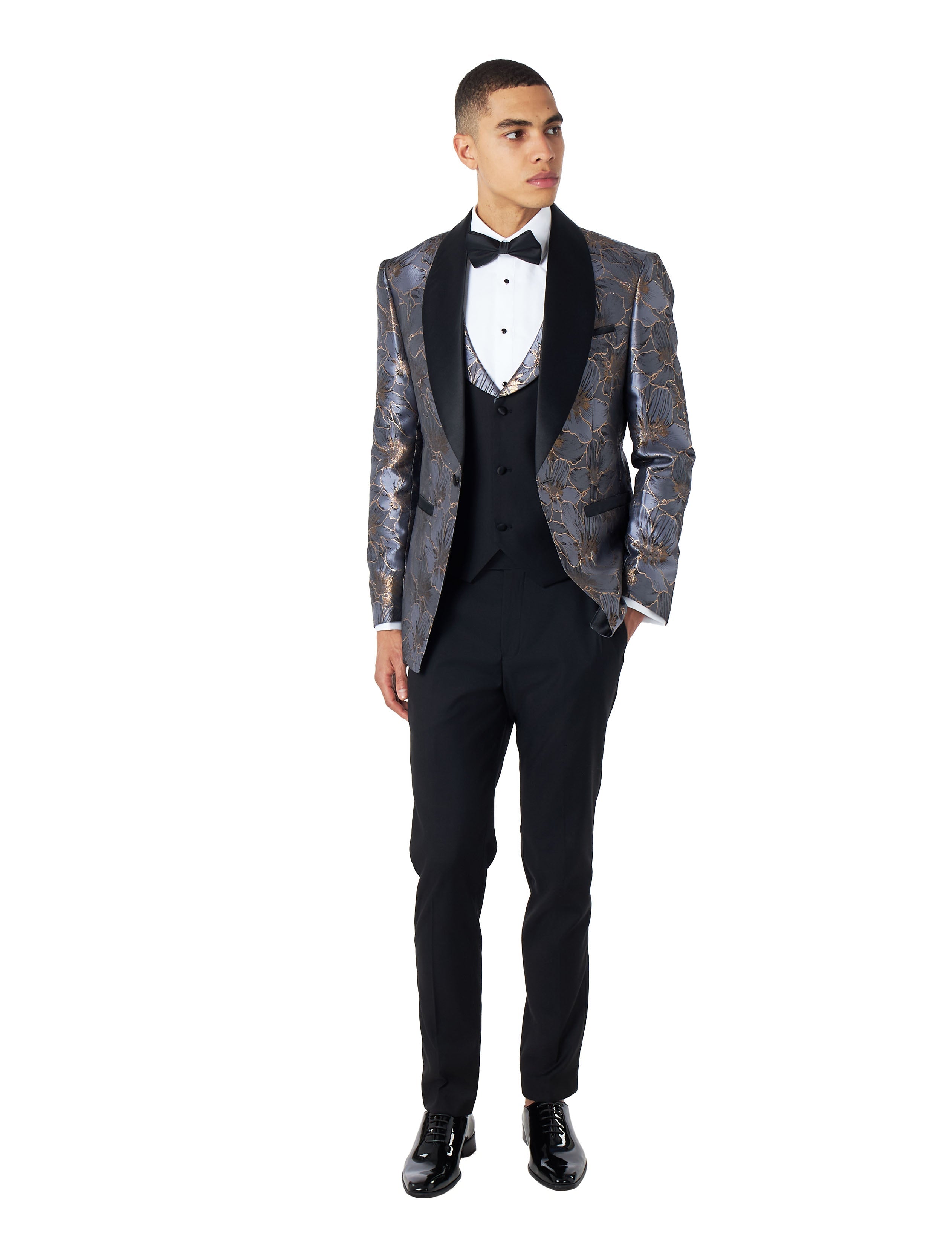 JASON - GREY BLUE FLORAL PRINTED PARTY TUXEDO JACKET