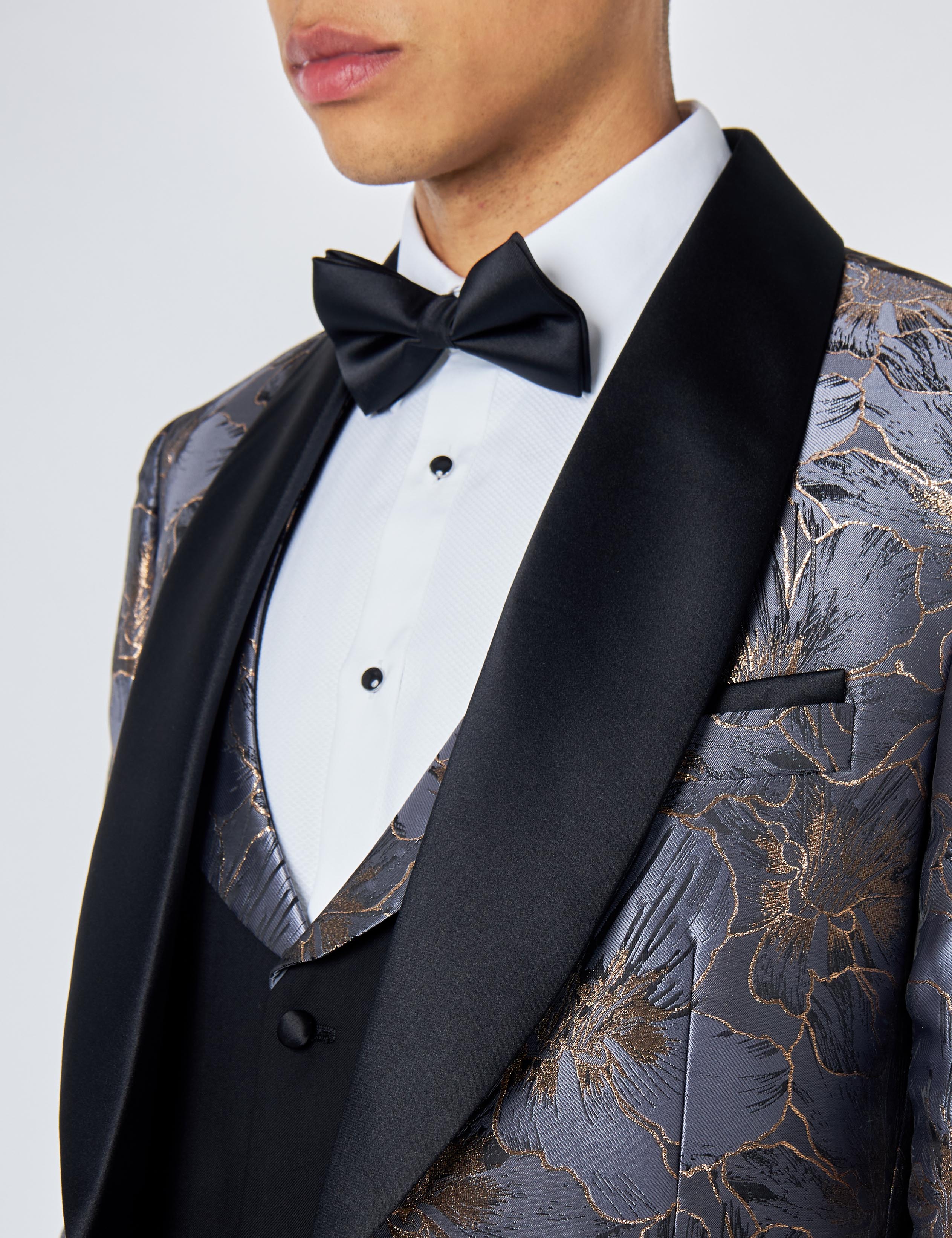 JASON - GREY BLUE FLORAL PRINTED PARTY TUXEDO JACKET