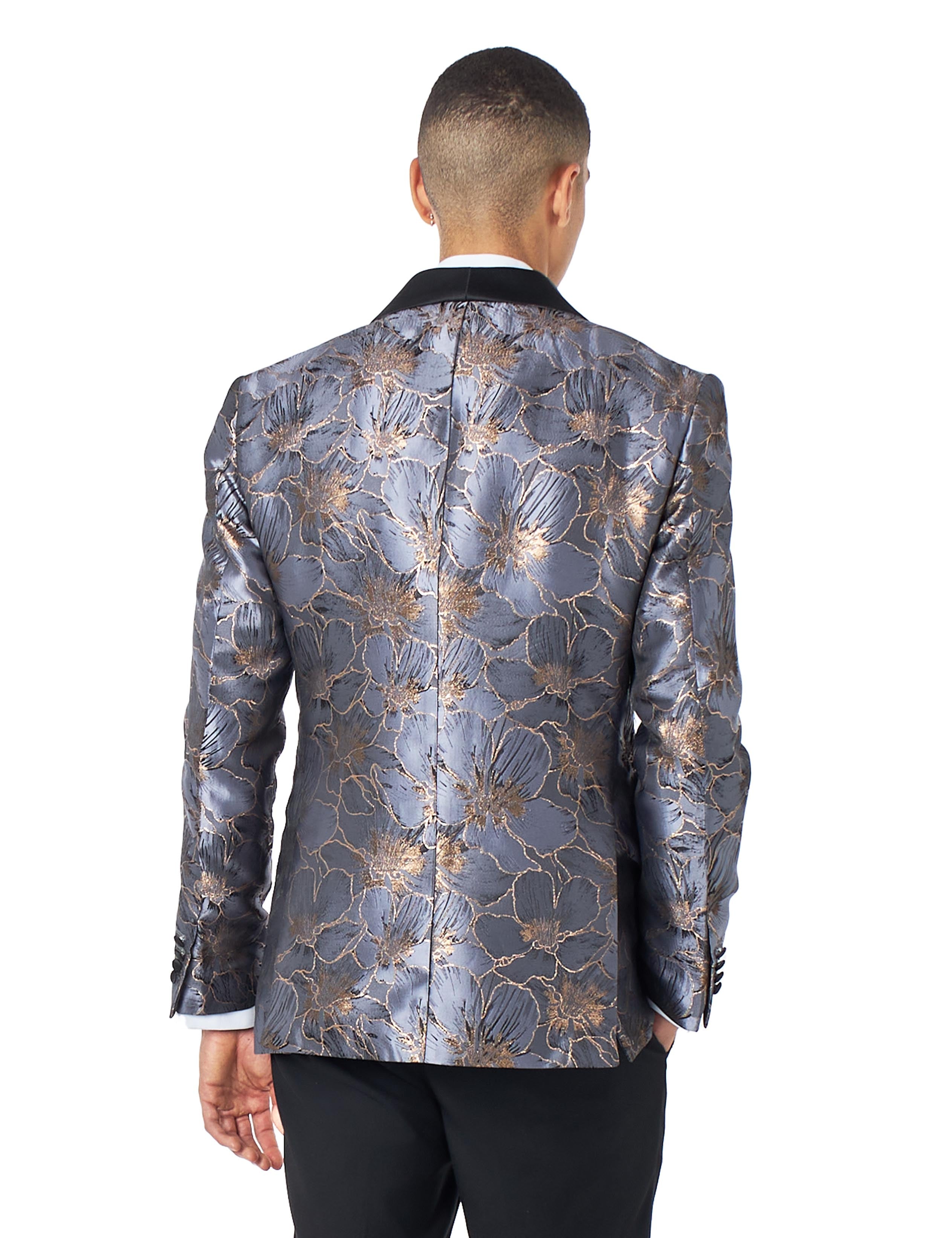JASON - GREY BLUE FLORAL PRINTED PARTY TUXEDO JACKET