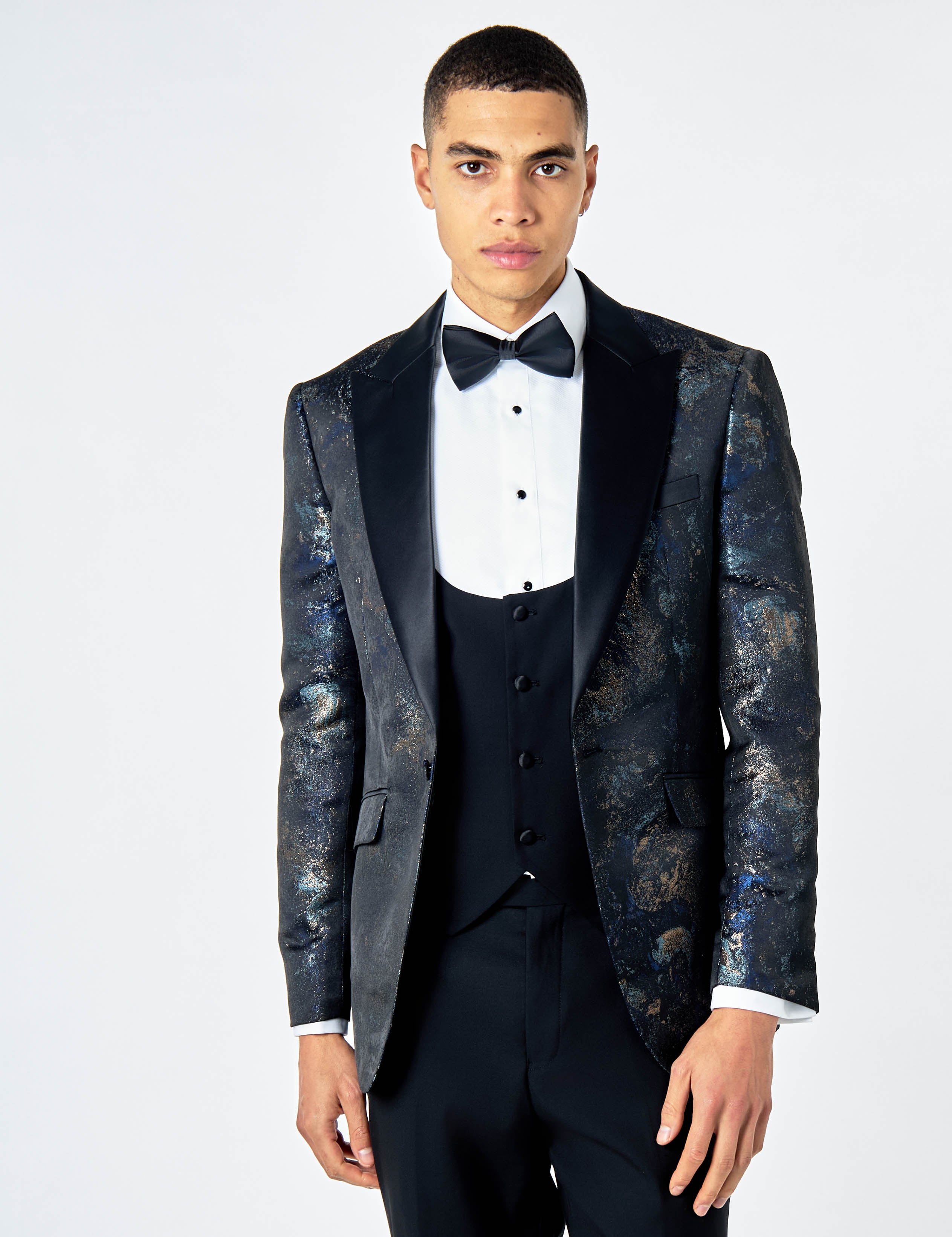 ALINO – BLACK BLUE PRINTED WEDDING TUX 3 PIECE SUIT