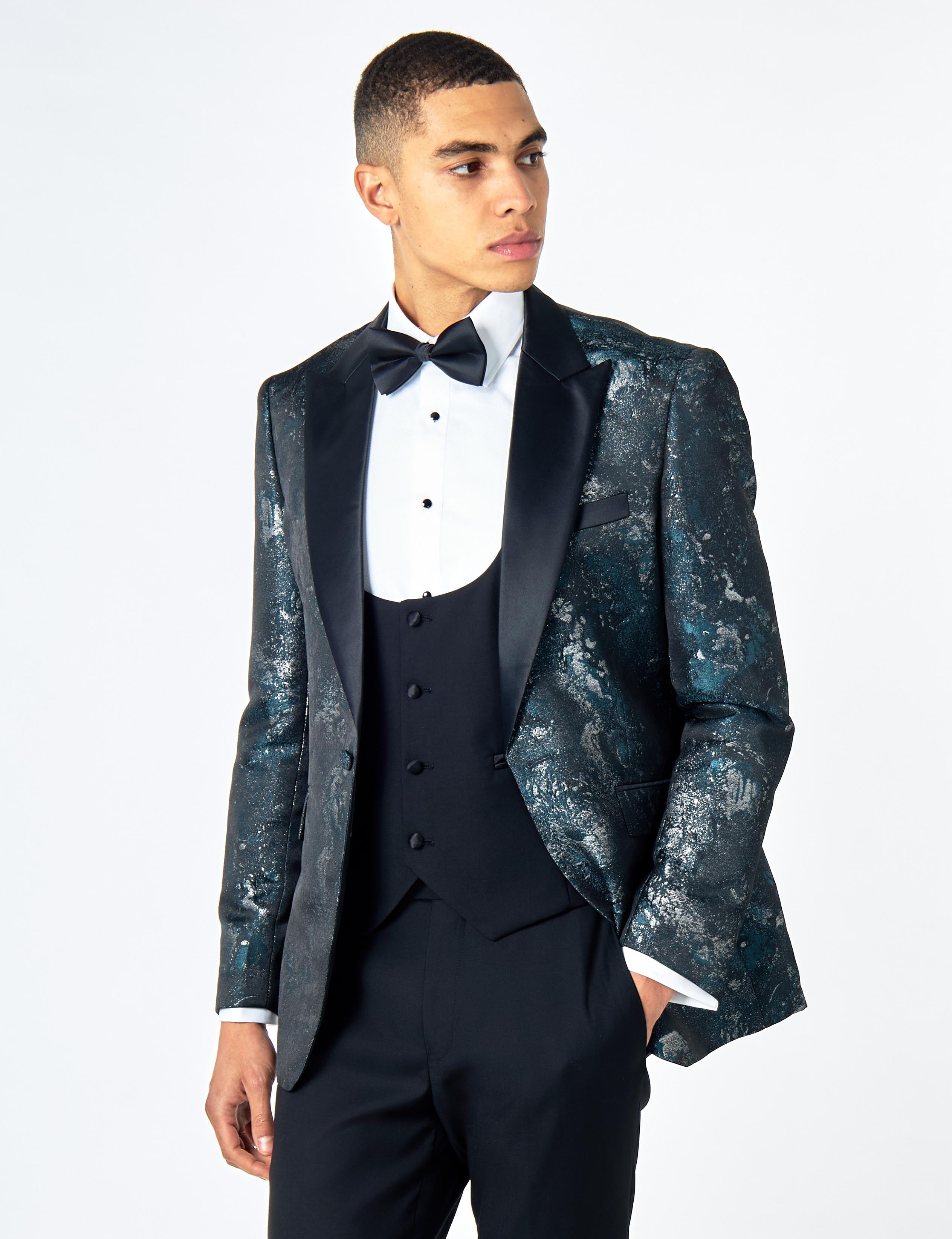 ALINO – GREEN BLACK PRINTED WEDDING PARTY TUXEDO 3 PIECE SUIT