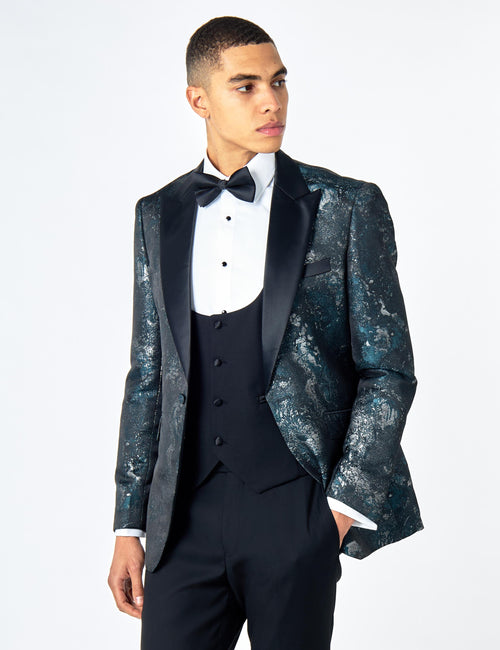 ALINO – GREEN BLACK PRINTED WEDDING PARTY TUXEDO 3 PIECE SUIT