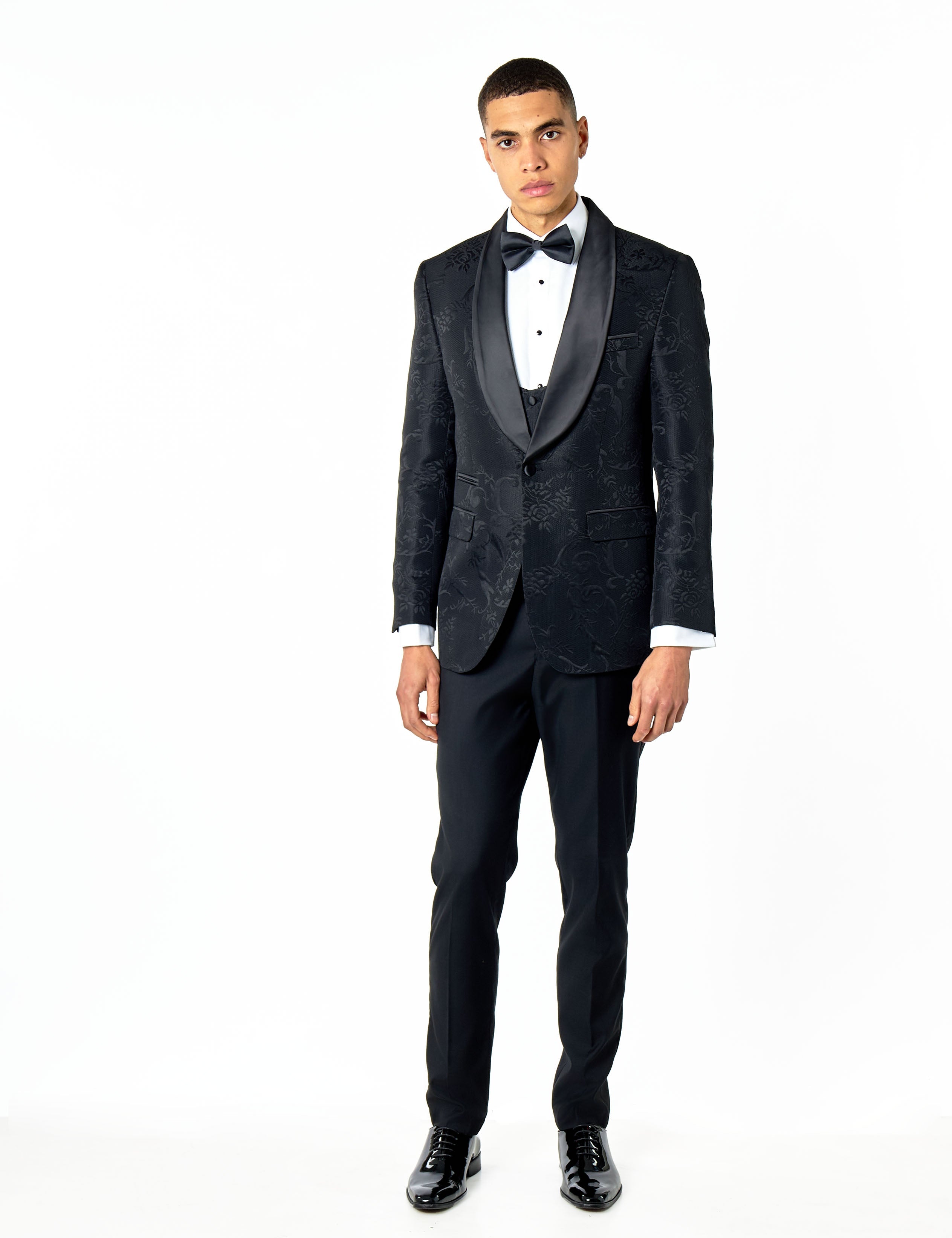 HENRY – BLACK DAMASK FLOCKED JACQUARD PRINT 3 PIECE TUXEDO SUIT