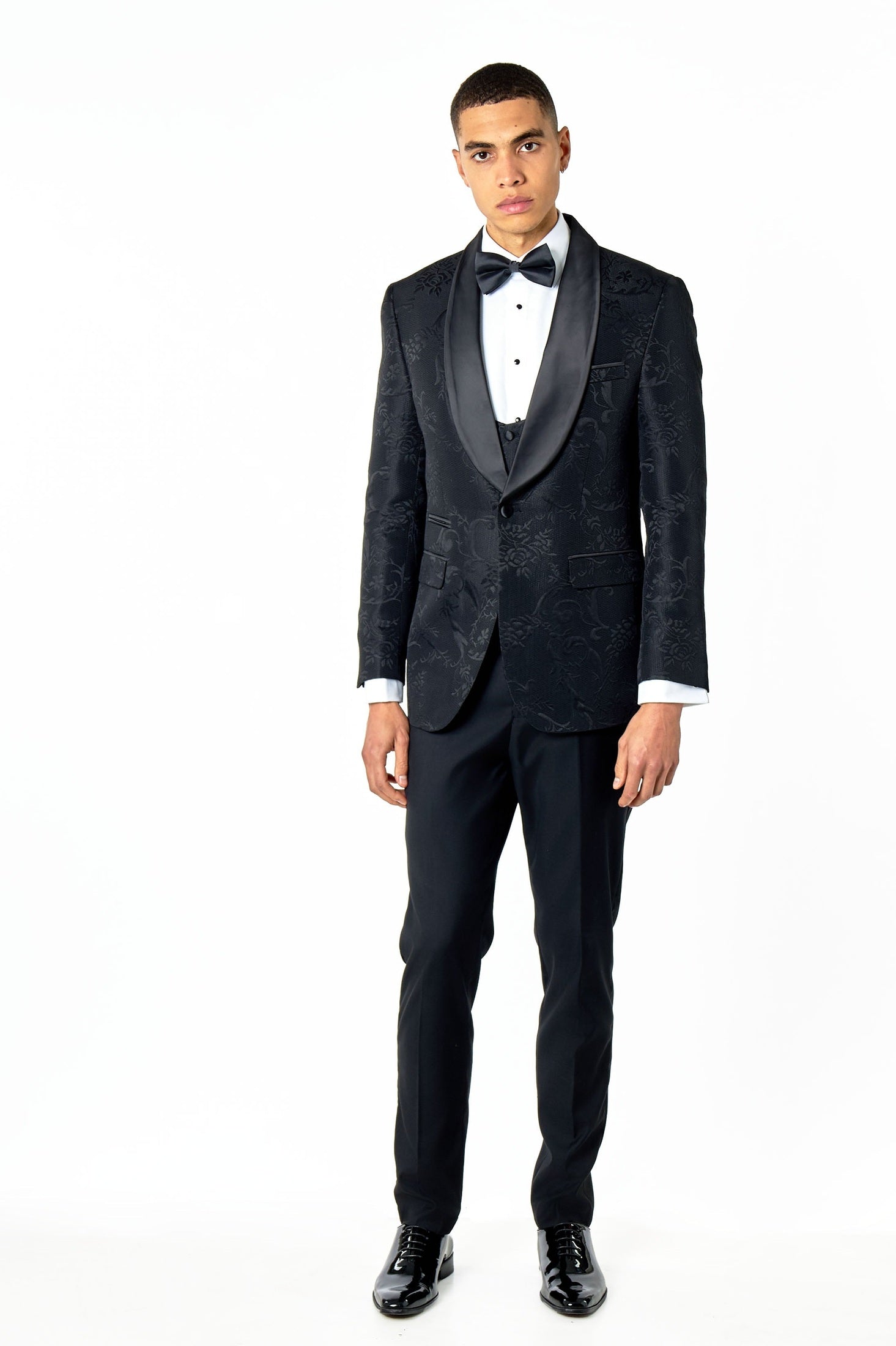HENRY – BLACK DAMASK FLOCKED JACQUARD PRINT 3 PIECE TUXEDO SUIT