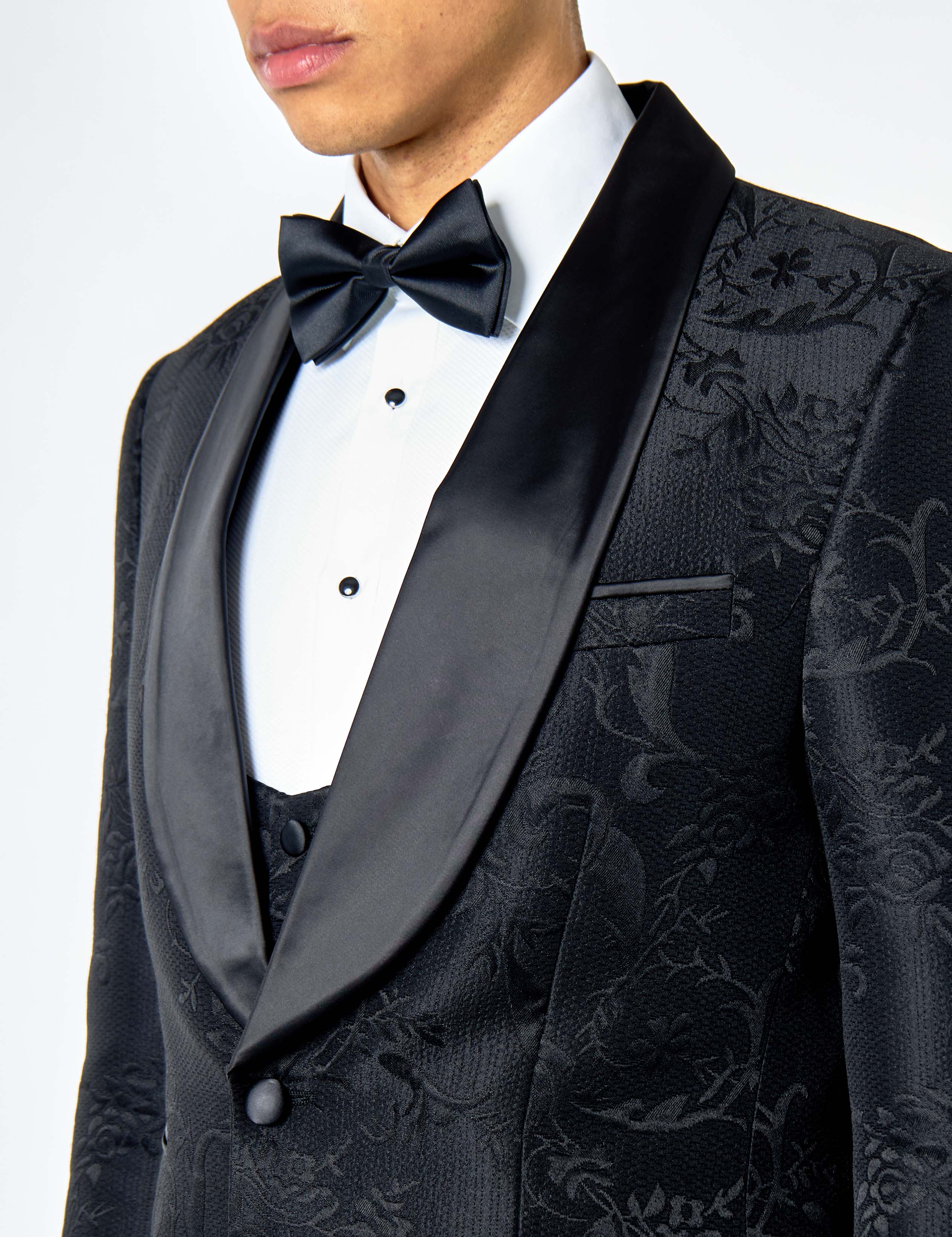 HENRY – BLACK DAMASK FLOCKED JACQUARD PRINT 3 PIECE TUXEDO SUIT