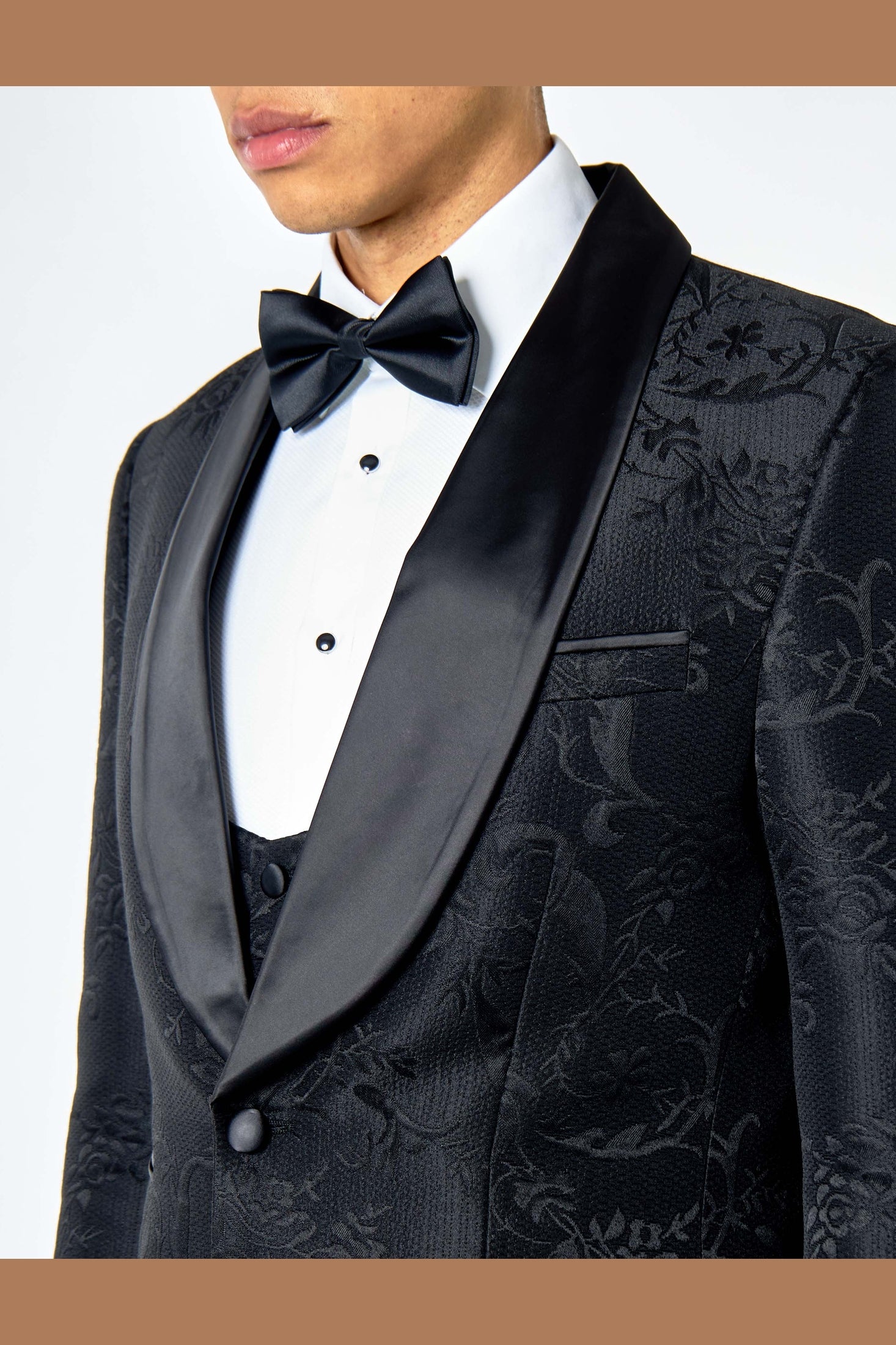 HENRY – BLACK DAMASK FLOCKED JACQUARD PRINT 3 PIECE TUXEDO SUIT