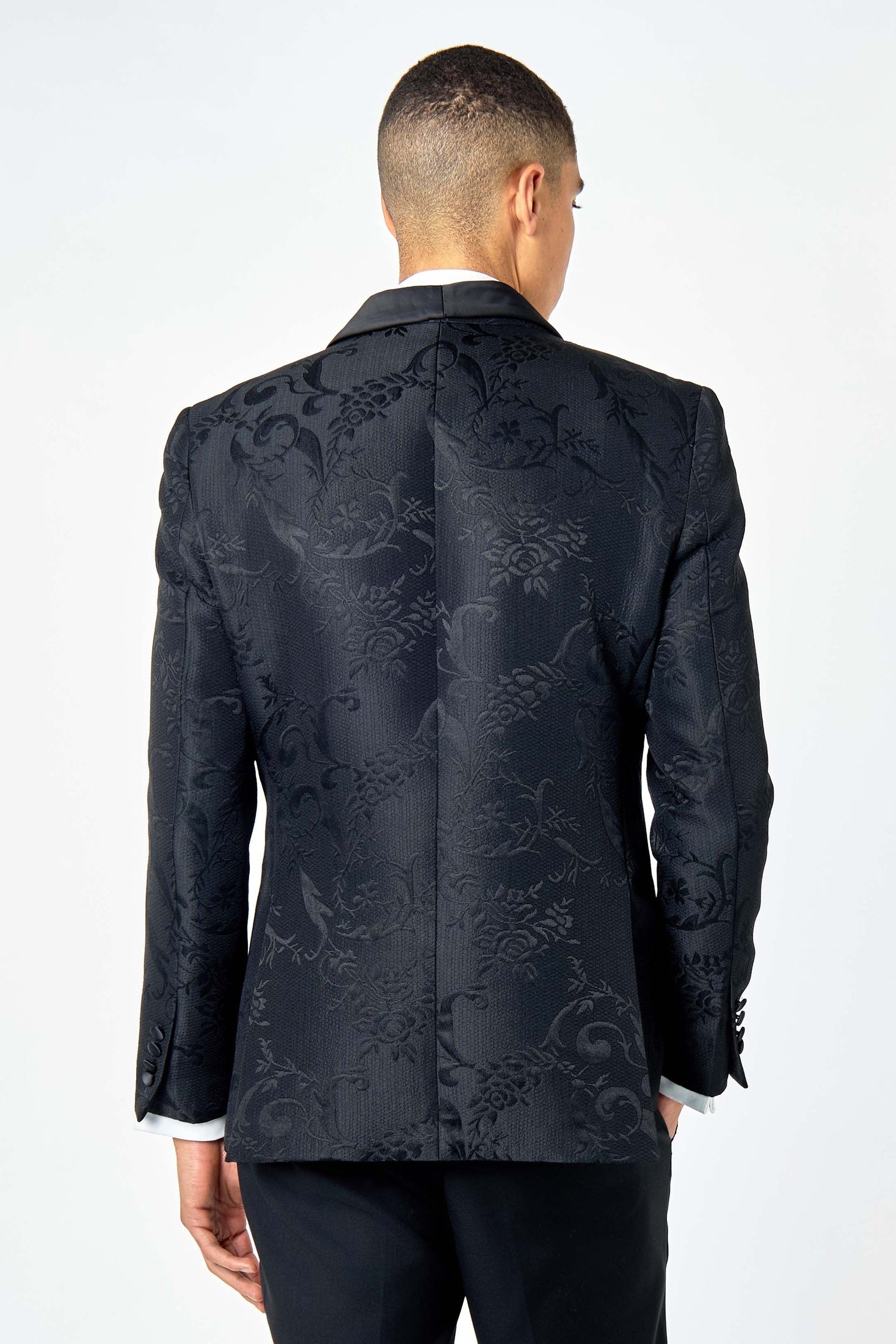 HENRY – BLACK DAMASK FLOCKED JACQUARD PRINT 3 PIECE TUXEDO SUIT