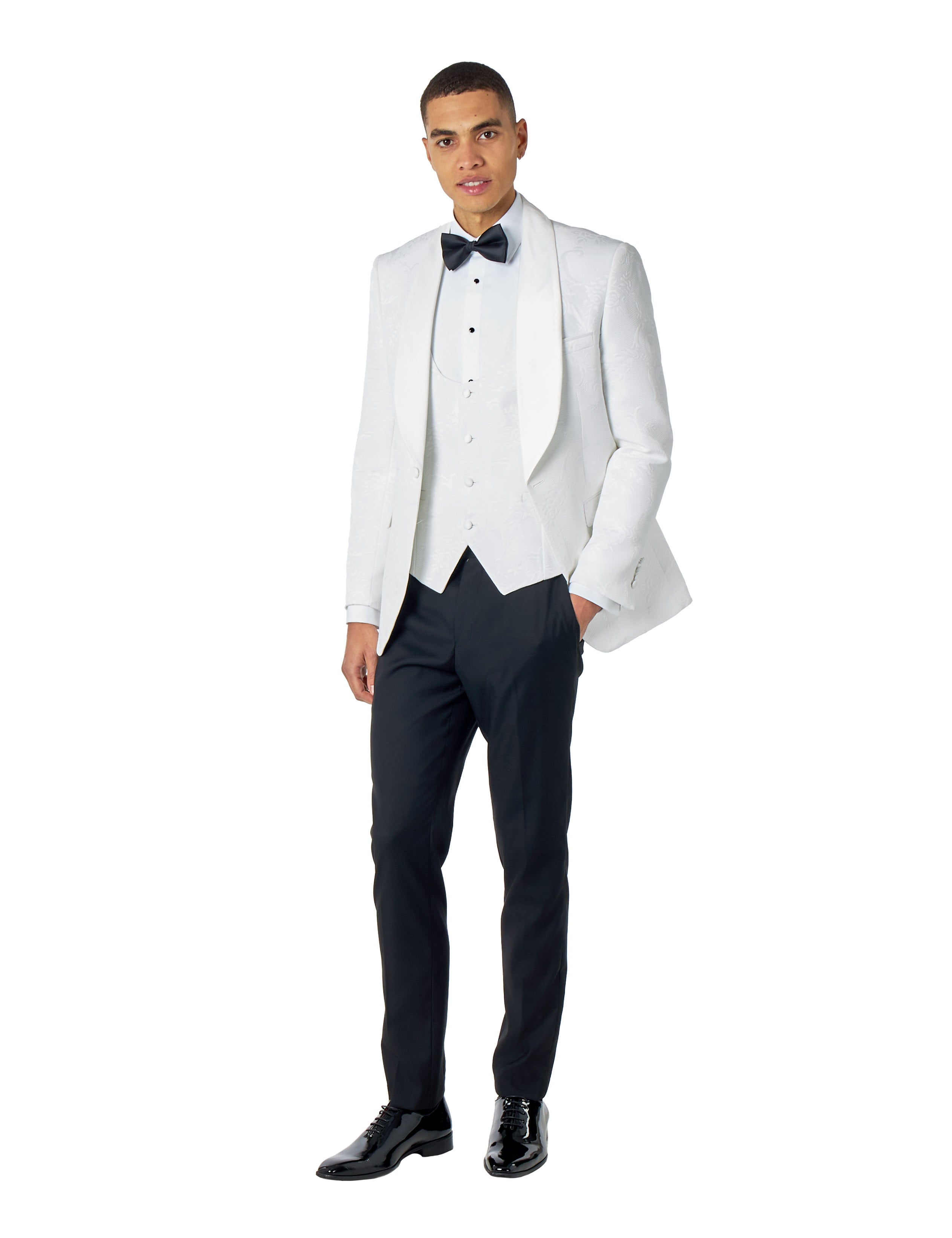 HENRY – WHITE TUXEDO SUIT JACKET DAMASK FLOCKED JACQUARD PRINTED